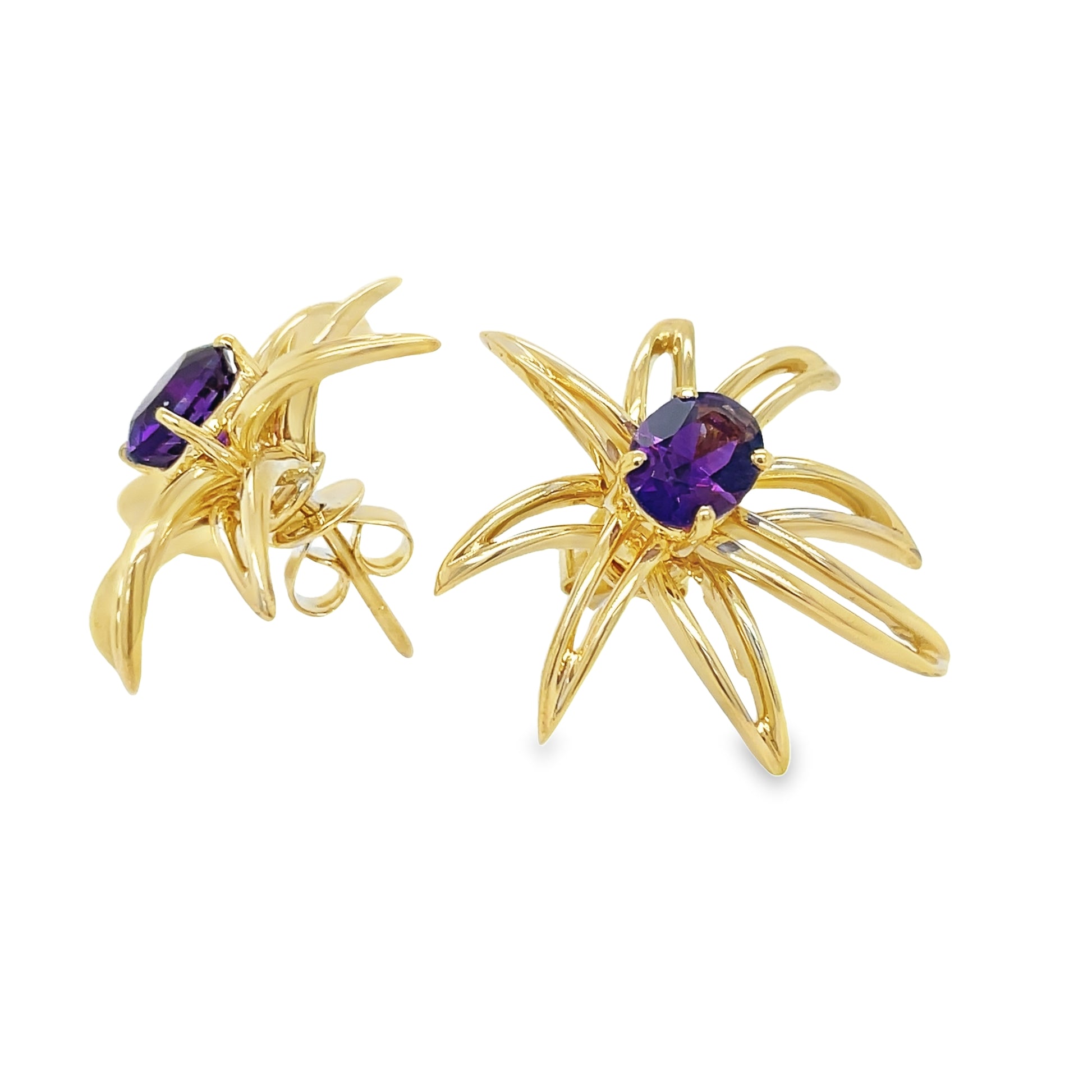 Side view of Estate Tiffany & Co Fireworks Earrings Amethyst 18K Yellow Earrings