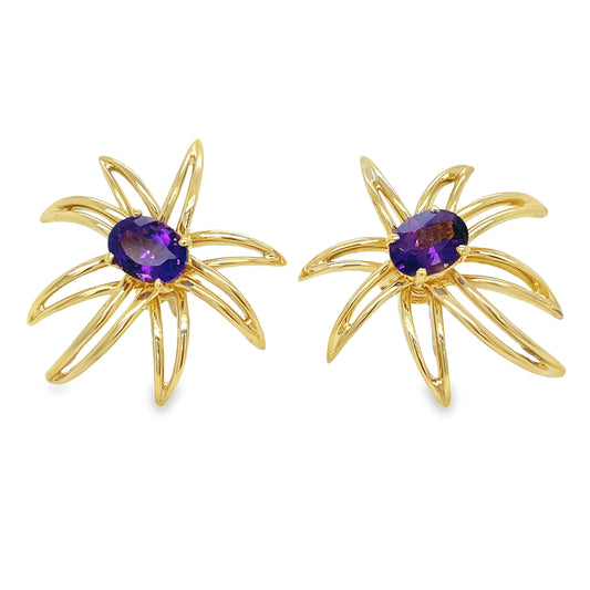 Front view Estate Tiffany & Co Fireworks Earrings Amethyst 18K Yellow Earrings