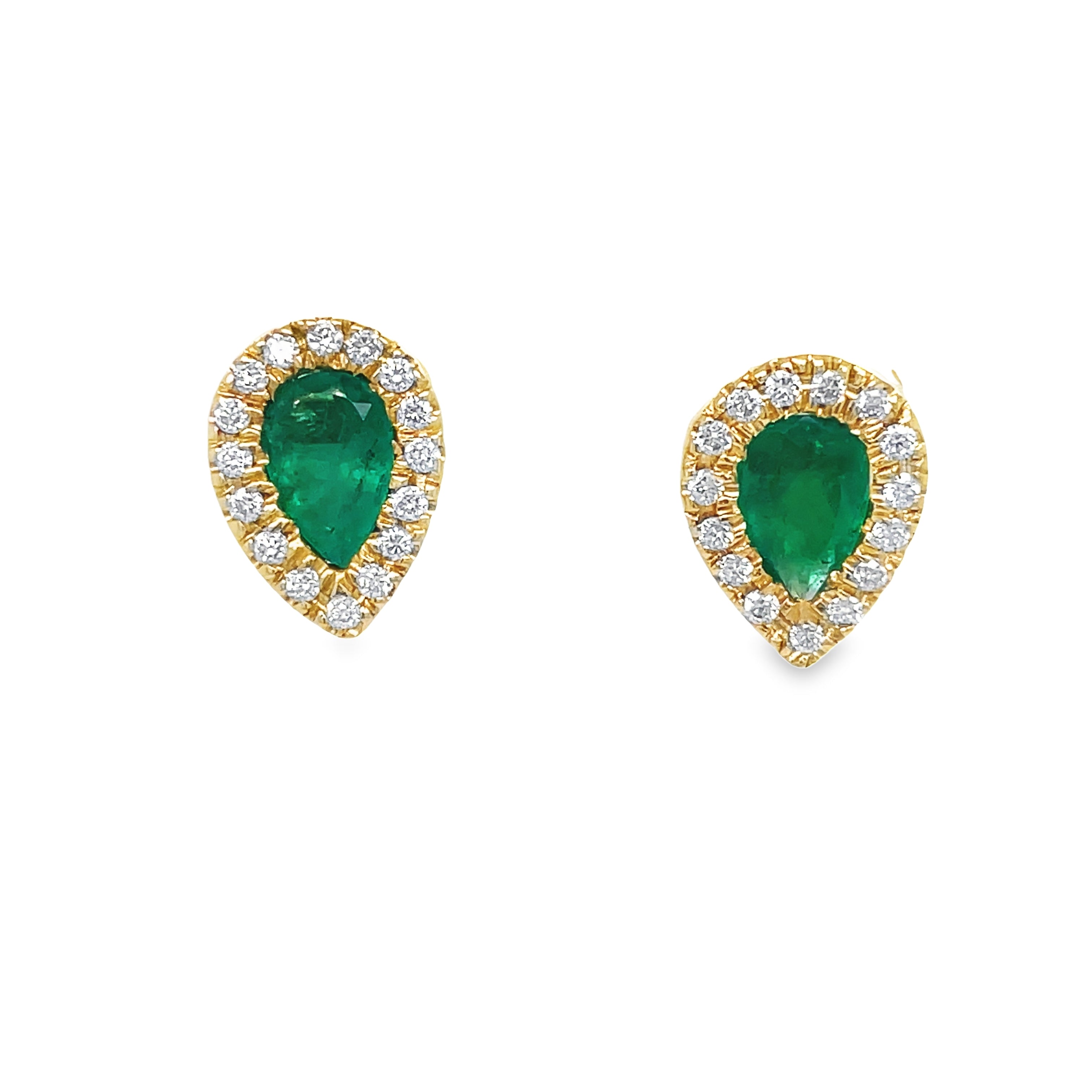 These Colombian Emerald and Diamond Stud Earrings feature a pear shape cut emerald in 18k yellow gold, complimented by round diamonds. This elegant earring set is perfect for those looking to add the perfect combination of sparkle and sophistication to their look. 12.00 x 9.00 mm size&nbsp;