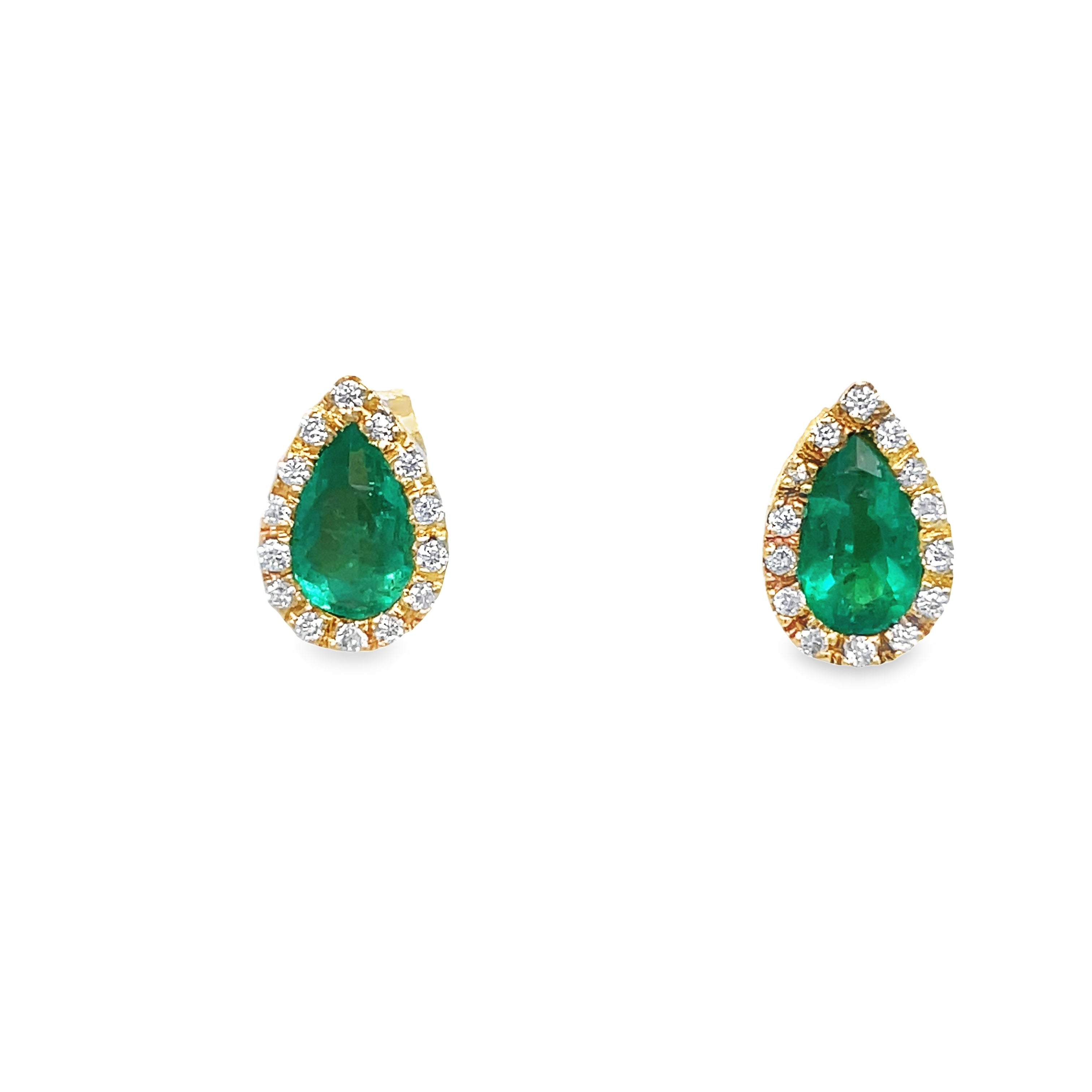 These Colombian Emerald and Diamond Stud Earrings feature a pear shape cut emerald in 18k yellow gold, complimented by round diamonds. This elegant earring set is perfect for those looking to add the perfect combination of sparkle and sophistication to their look. 9.50 x 6.50 mm size&nbsp;