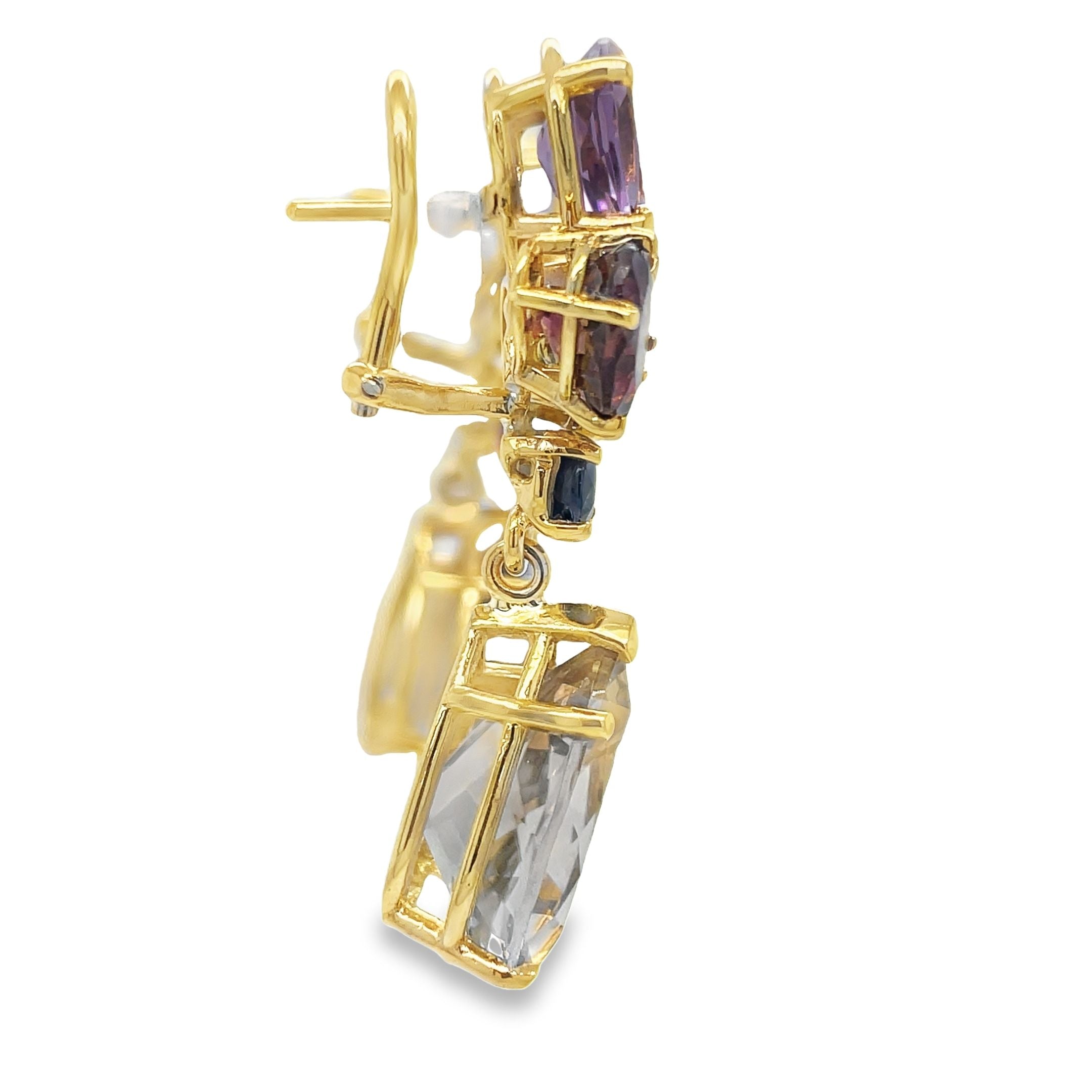 Experience elegance with these stunning 14k yellow gold Tourmaline &amp; Amethyst Drop Earrings. The secure omega clip provides comfort and ease, while the tourmaline and amethyst stones offer a touch of natural beauty. Perfect for any occasion, these earrings will elevate any outfit and make you feel confident and chic.