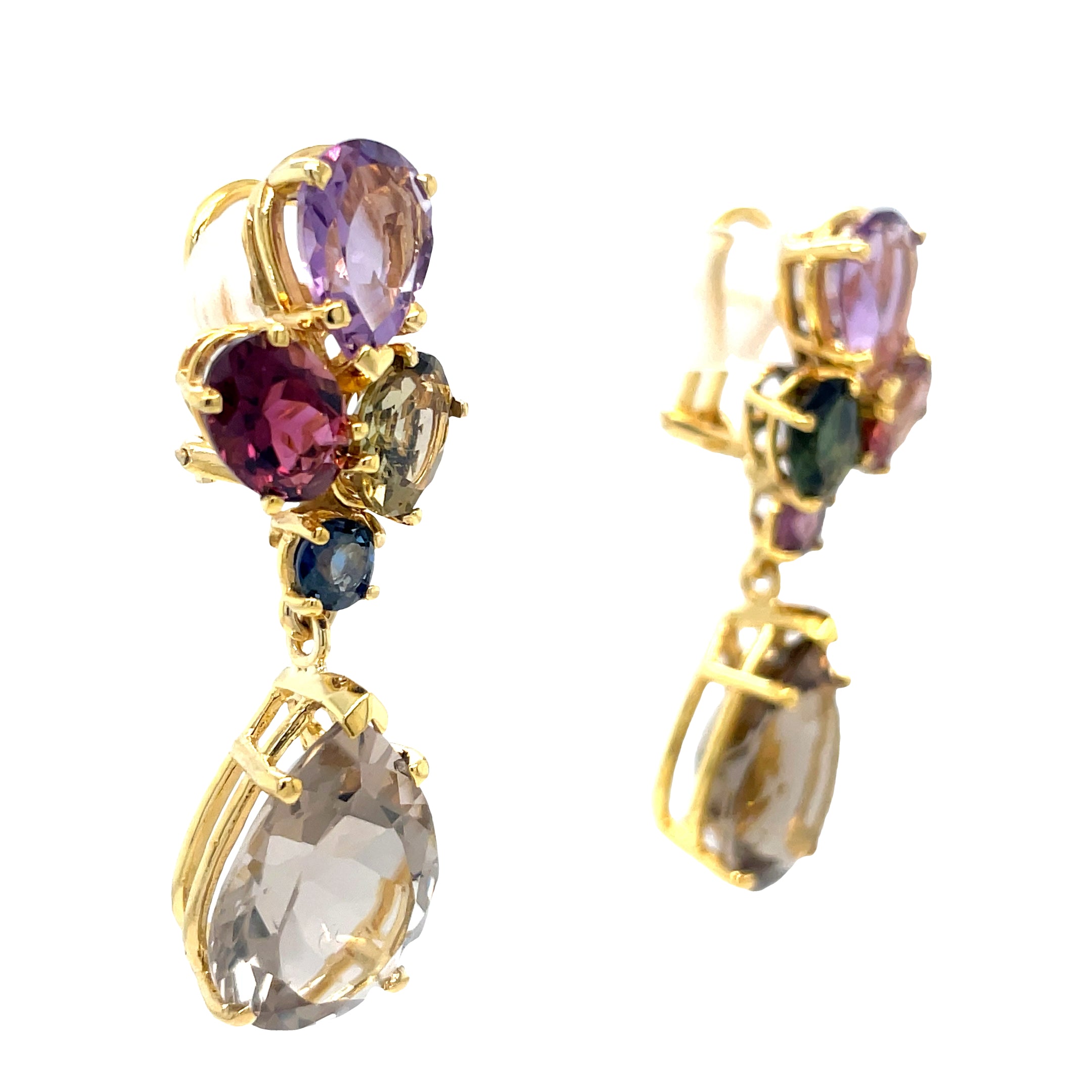 Experience elegance with these stunning 14k yellow gold Tourmaline &amp; Amethyst Drop Earrings. The secure omega clip provides comfort and ease, while the tourmaline and amethyst stones offer a touch of natural beauty. Perfect for any occasion, these earrings will elevate any outfit and make you feel confident and chic.