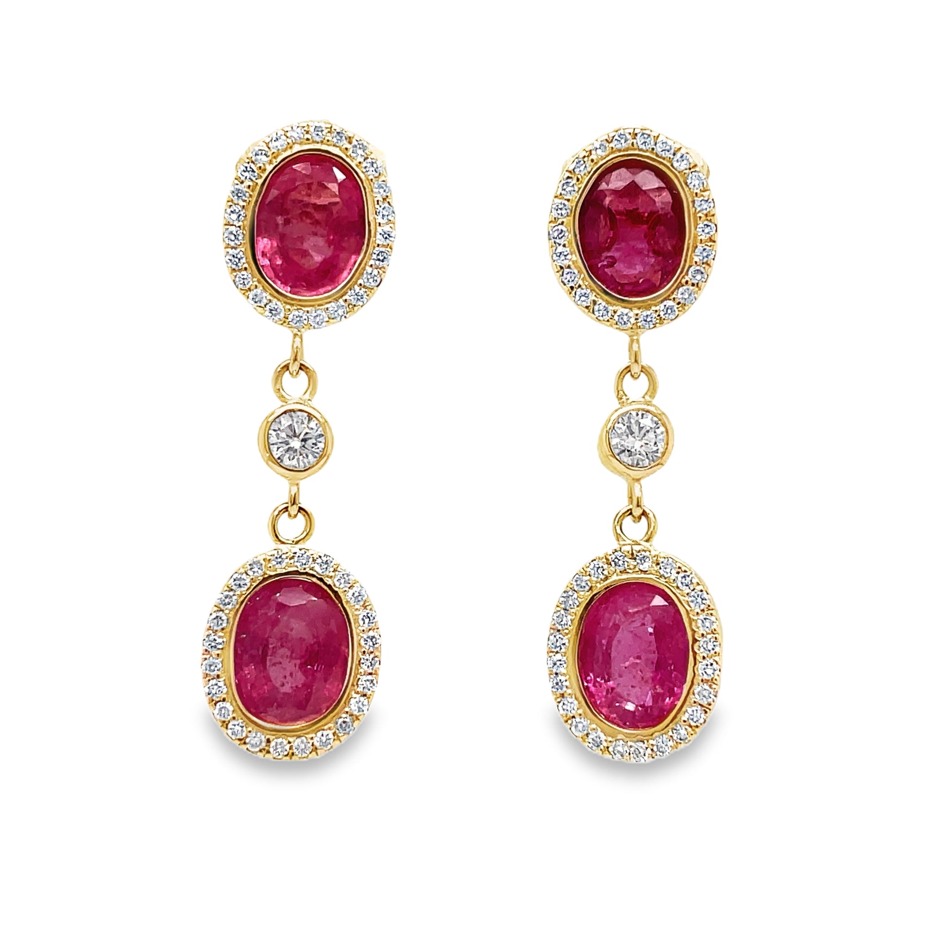 18k Yellow Gold Pink Sapphire & Diamond Drop Earring Front view