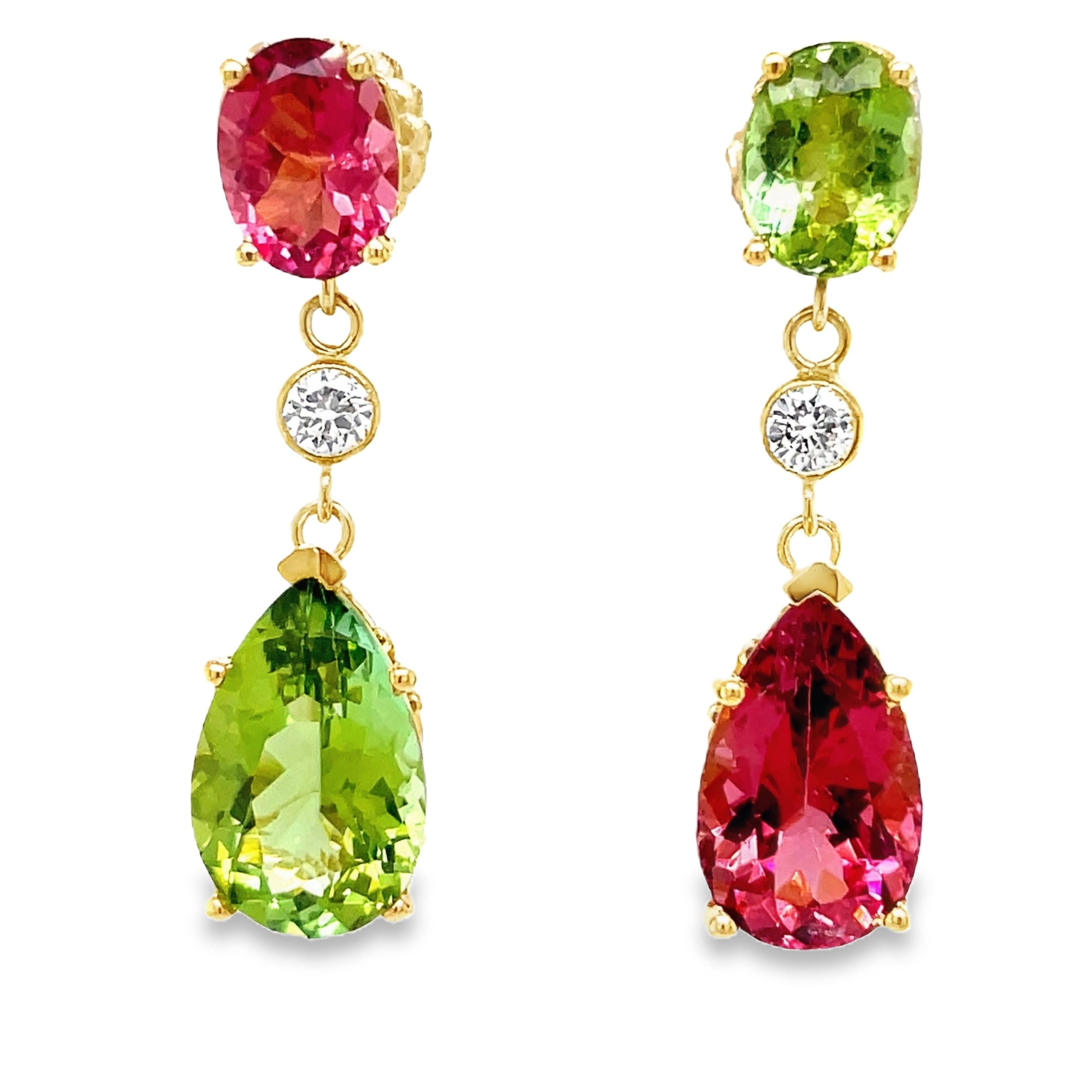 Indulge in pure luxury with our Handmade Tourmaline &amp; Peridot Drop Earrings. Crafted with 18k yellow gold, these earrings feature oval peridot stones and tear-shaped tourmaline, accented with sparkling round diamonds totaling 0.30 cts. Elevate any outfit and make a statement with this exclusive piece of art.