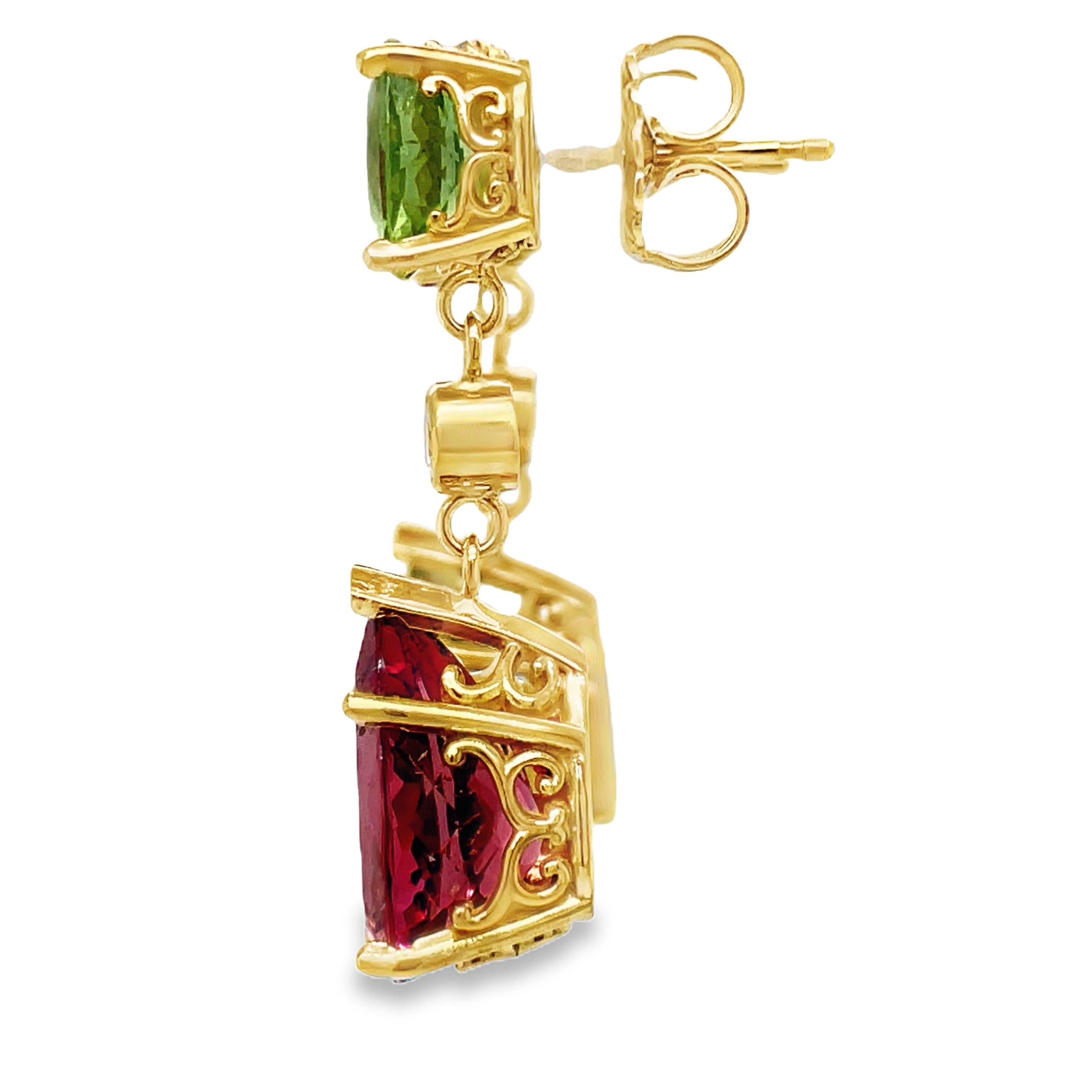 Indulge in pure luxury with our Handmade Tourmaline &amp; Peridot Drop Earrings. Crafted with 18k yellow gold, these earrings feature oval peridot stones and tear-shaped tourmaline, accented with sparkling round diamonds totaling 0.30 cts. Elevate any outfit and make a statement with this exclusive piece of art.