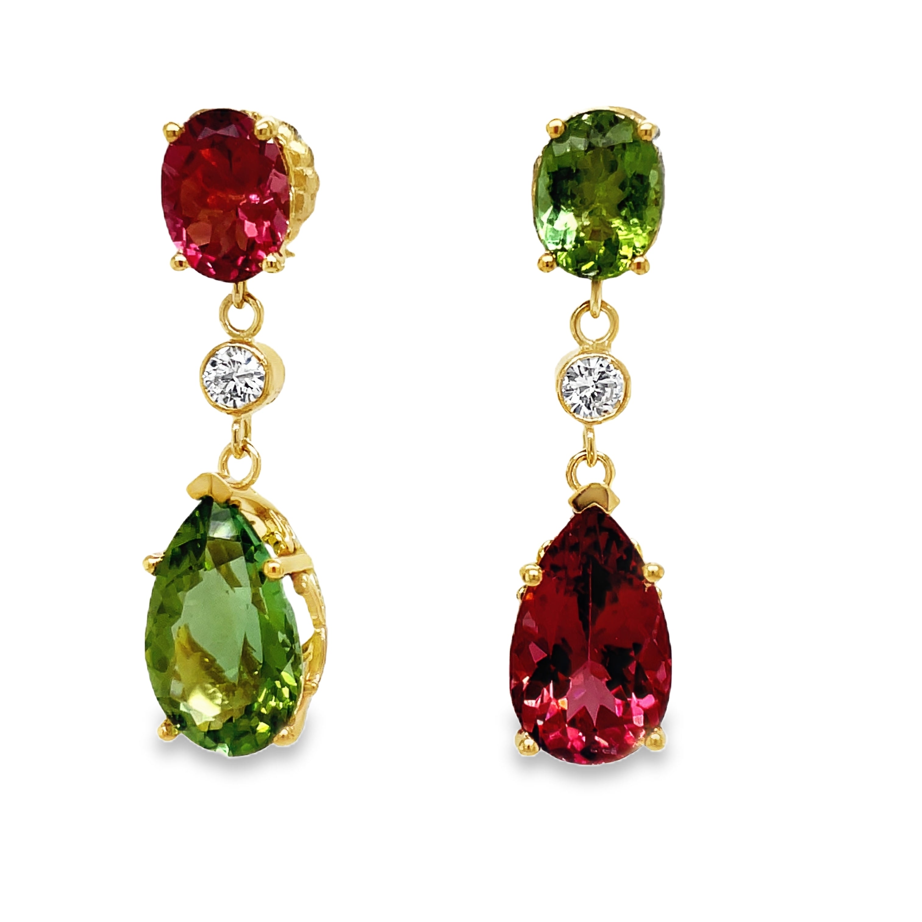 Indulge in pure luxury with our Handmade Tourmaline &amp; Peridot Drop Earrings. Crafted with 18k yellow gold, these earrings feature oval peridot stones and tear-shaped tourmaline, accented with sparkling round diamonds totaling 0.30 cts. Elevate any outfit and make a statement with this exclusive piece of art.