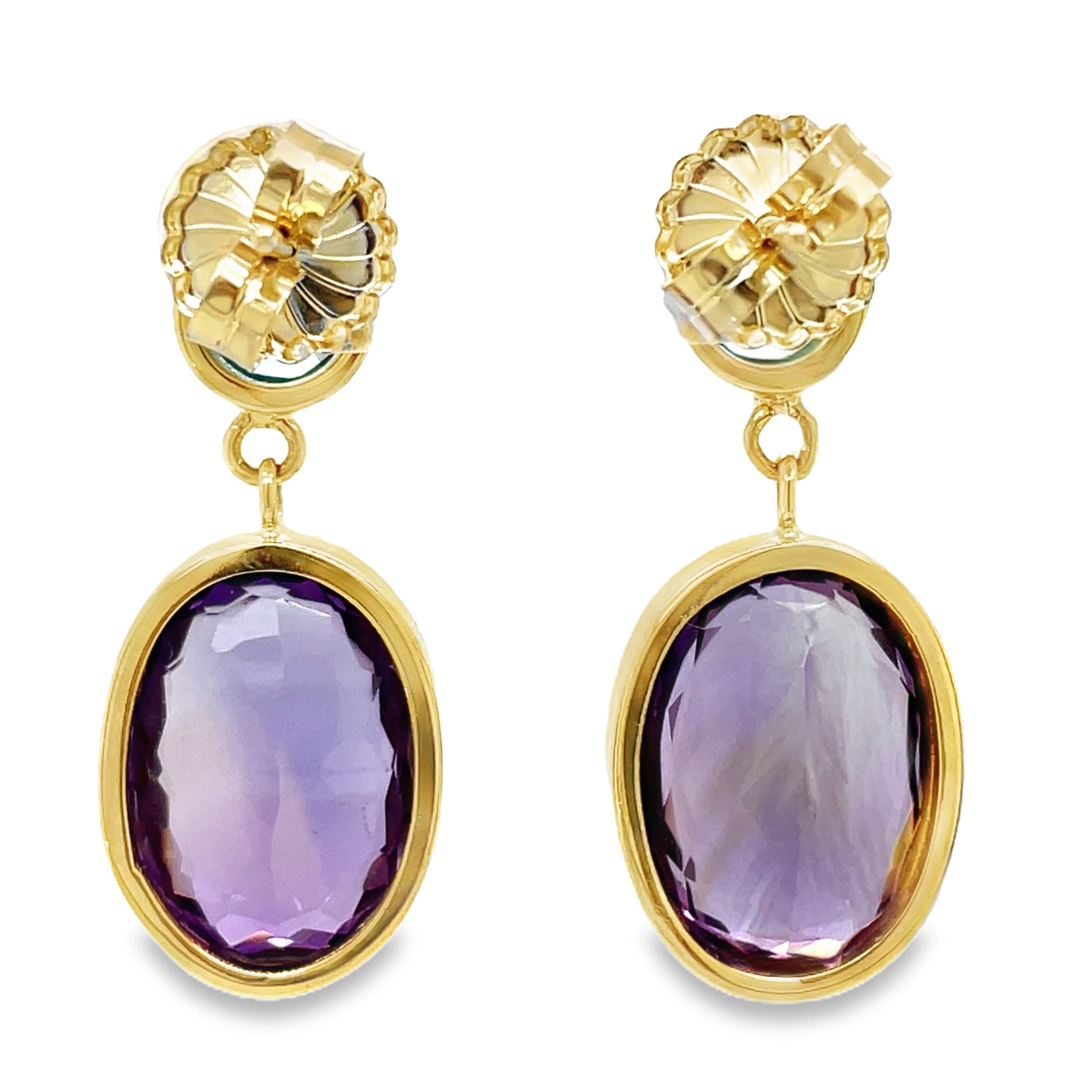 These 14k yellow gold earrings feature exquisite bezel set amethyst and blue zircon stones, adding a touch of sophistication to any outfit. The secure friction backs ensure they stay in place all day. Elevate any ensemble with these elegant, 1" long earrings.