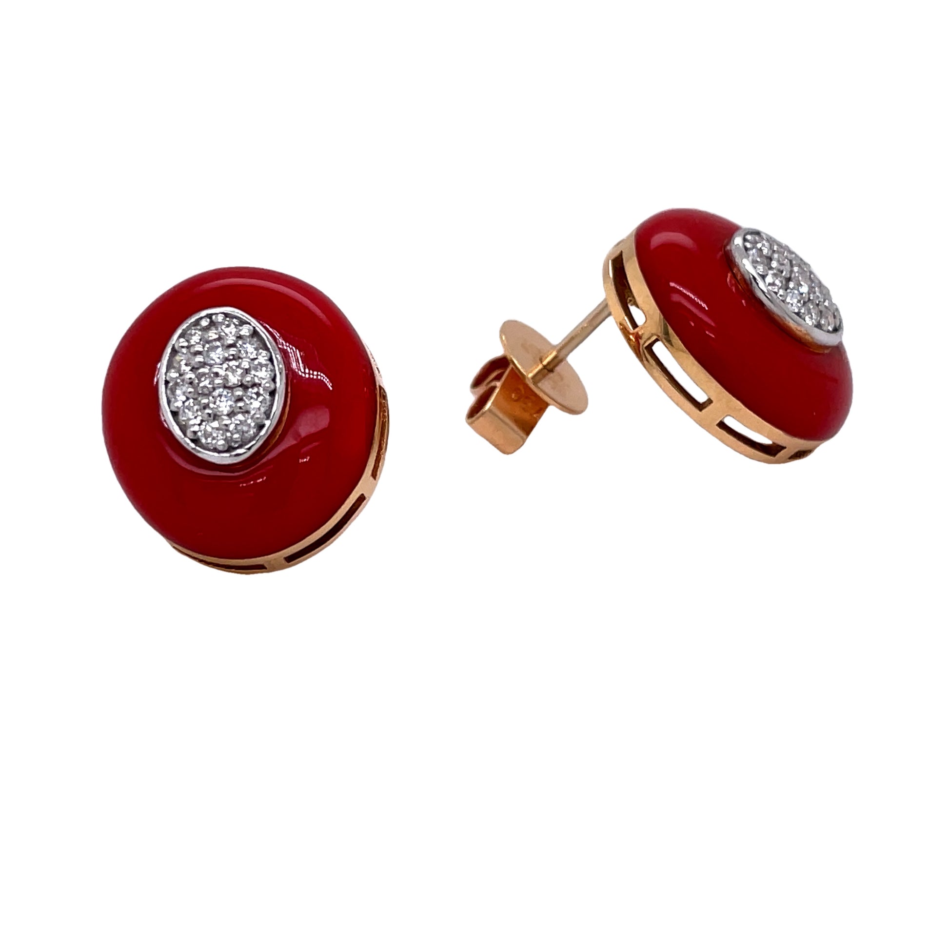 Italian Made Coral Diamond Small Stud Earrings Front and Side View