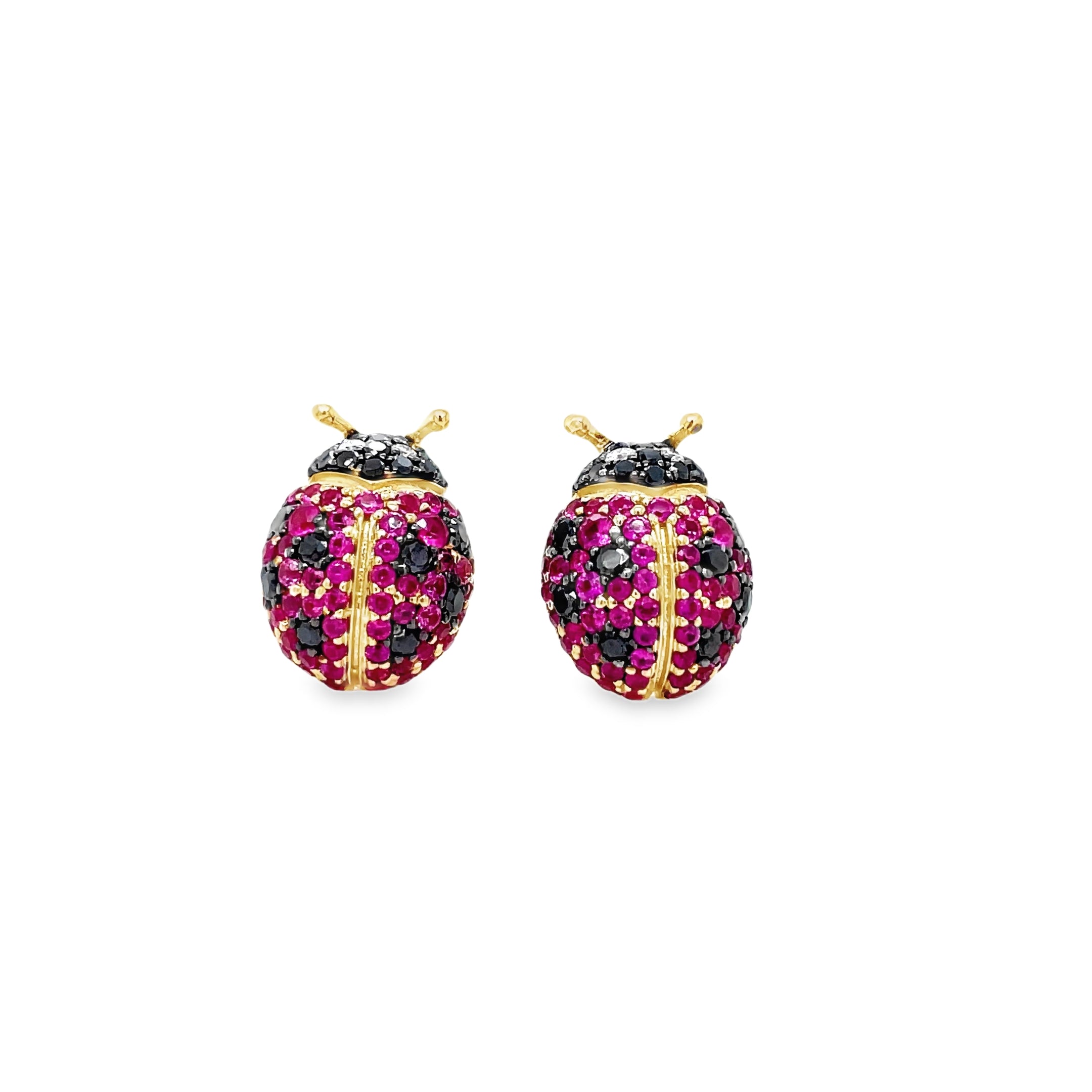 Indulge in luxury with our exquisite 14k Diamond &amp; Sapphire Lady Bug Earrings. Crafted with 14k yellow gold, adorned with sparkling round diamonds totaling 0.40 cts and vibrant pink sapphires totaling 0.93 cts, these earrings are a statement of sophistication. The 13.00 mm size and secure friction backs ensure comfort and security. Elevate your style with these exclusive earrings.