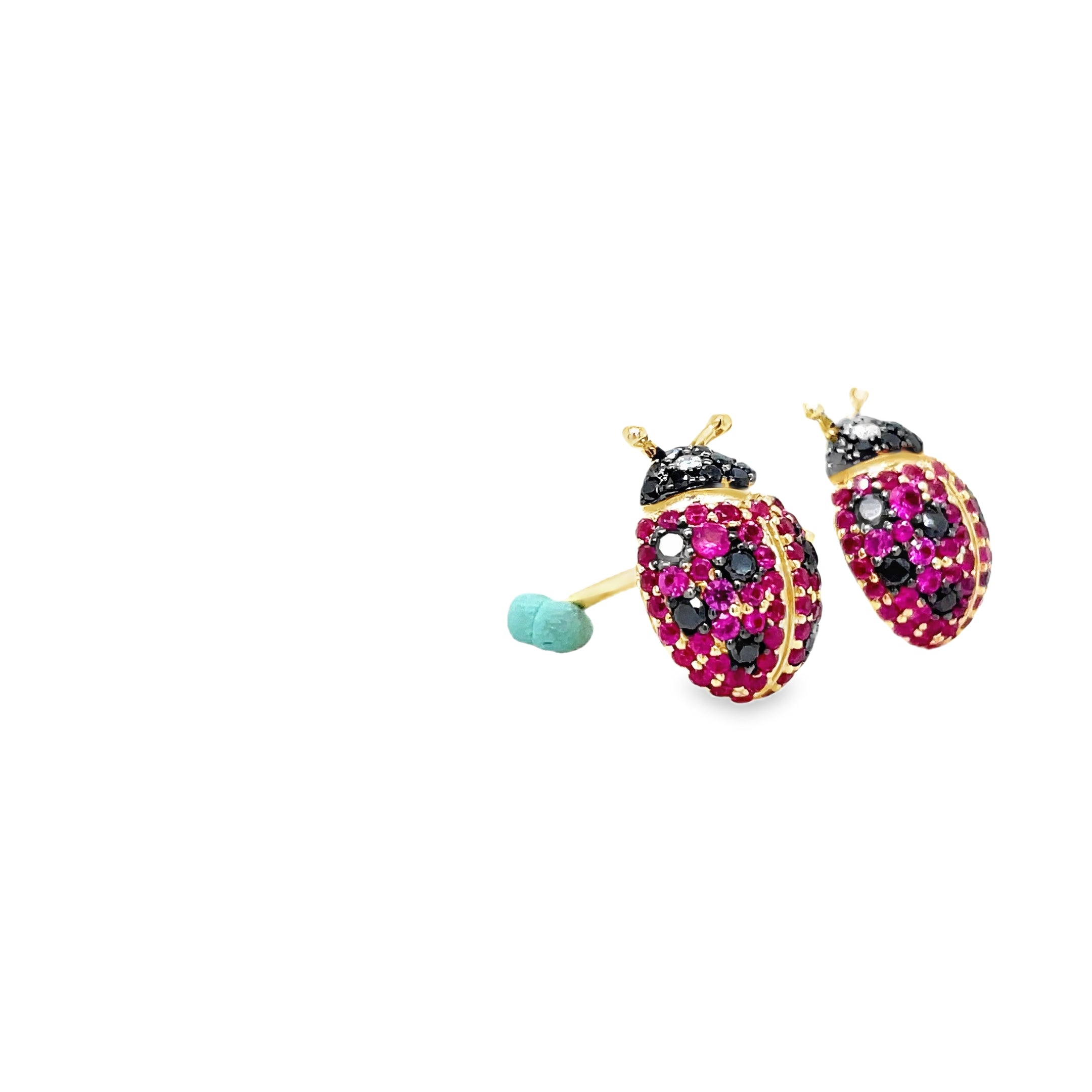 Indulge in luxury with our exquisite 14k Diamond &amp; Sapphire Lady Bug Earrings. Crafted with 14k yellow gold, adorned with sparkling round diamonds totaling 0.40 cts and vibrant pink sapphires totaling 0.93 cts, these earrings are a statement of sophistication. The 13.00 mm size and secure friction backs ensure comfort and security. Elevate your style with these exclusive earrings.