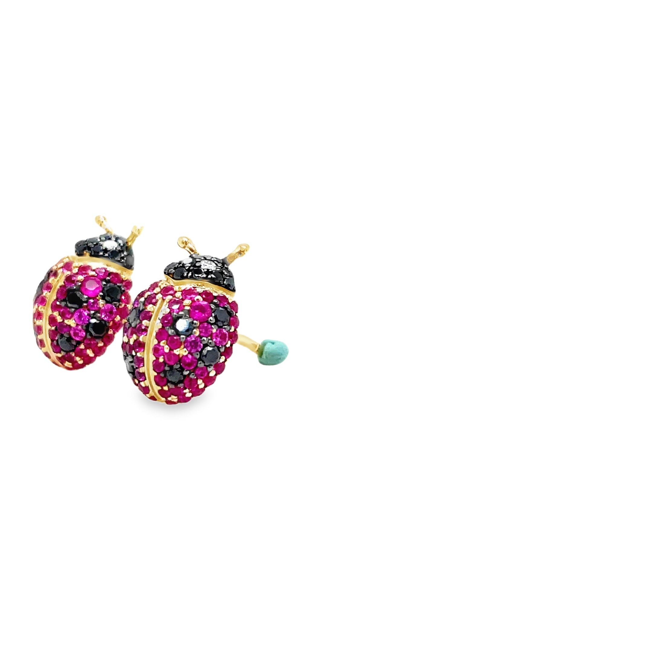 Indulge in luxury with our exquisite 14k Diamond &amp; Sapphire Lady Bug Earrings. Crafted with 14k yellow gold, adorned with sparkling round diamonds totaling 0.40 cts and vibrant pink sapphires totaling 0.93 cts, these earrings are a statement of sophistication. The 13.00 mm size and secure friction backs ensure comfort and security. Elevate your style with these exclusive earrings.