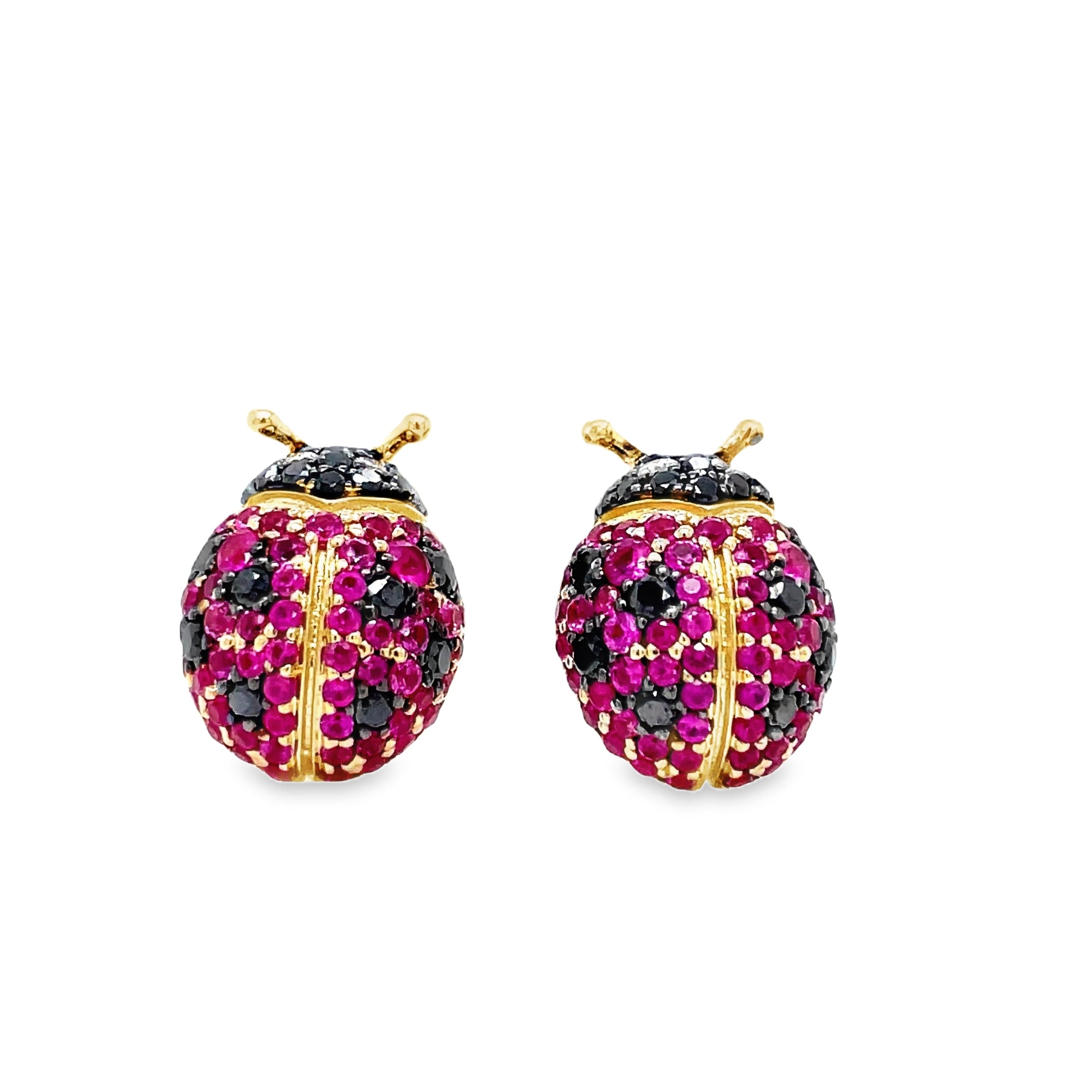 Indulge in luxury with our exquisite 14k Diamond &amp; Sapphire Lady Bug Earrings. Crafted with 14k yellow gold, adorned with sparkling round diamonds totaling 0.40 cts and vibrant pink sapphires totaling 0.93 cts, these earrings are a statement of sophistication. The 13.00 mm size and secure friction backs ensure comfort and security. Elevate your style with these exclusive earrings.