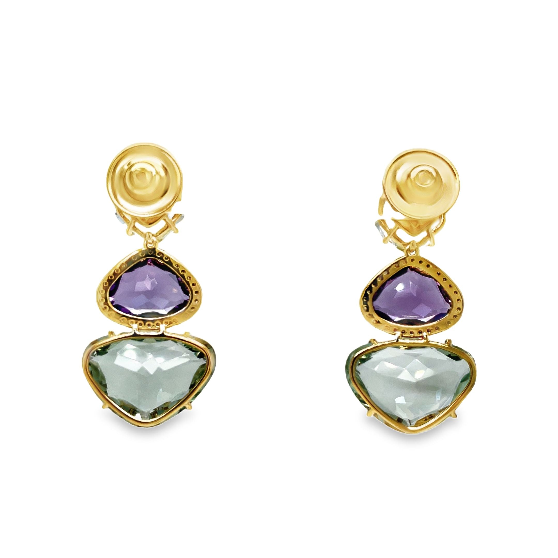 ndulge in decadent luxury with our 18k yellow gold drop earrings. Crafted in Brazil, the trillian cut amethyst and large Praziolite gems are elegantly accented with round diamonds. Complete with secure friction backs, these earrings exude sophistication and exclusivity. Elevate your style and make a statement with these stunning earrings.