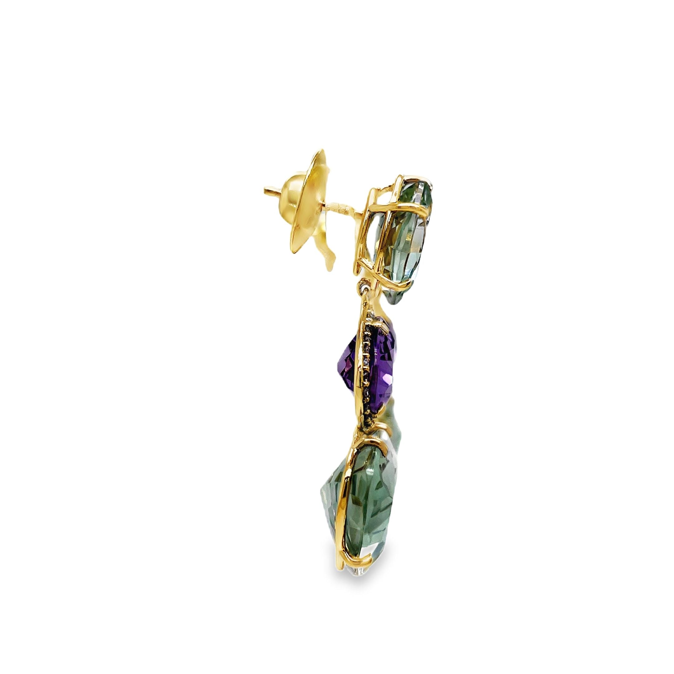 ndulge in decadent luxury with our 18k yellow gold drop earrings. Crafted in Brazil, the trillian cut amethyst and large Praziolite gems are elegantly accented with round diamonds. Complete with secure friction backs, these earrings exude sophistication and exclusivity. Elevate your style and make a statement with these stunning earrings.