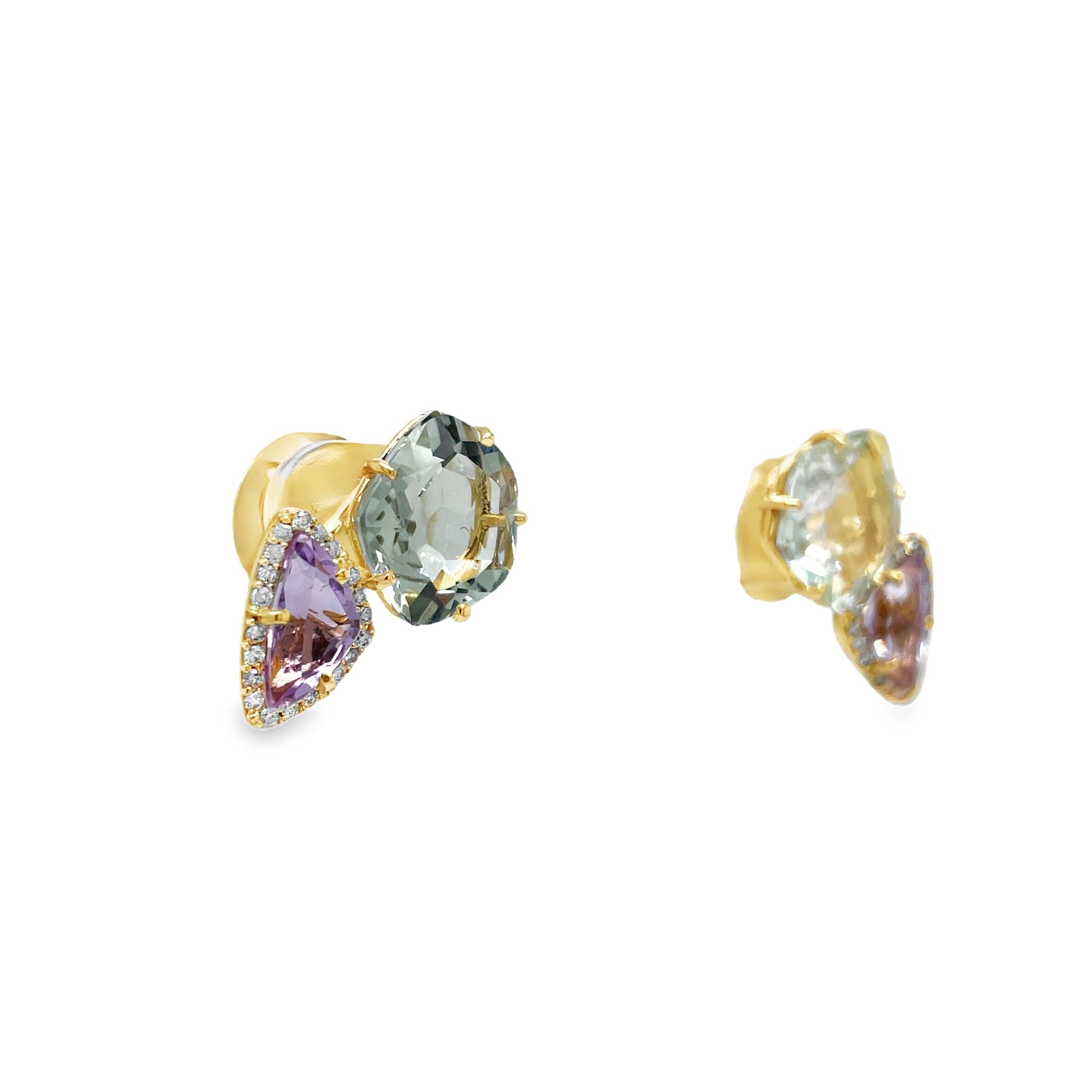 ndulge in luxe elegance with these 18k Yellow Gold Amethyst, Praziolite &amp; Diamond Stud Earrings. Handcrafted in Brazil, the stunning trillian amethyst and praziolite gems are perfectly complemented by sparkling round diamonds. With secure backs, these earrings are both exquisite and practical. Elevate any look with these premium studs.