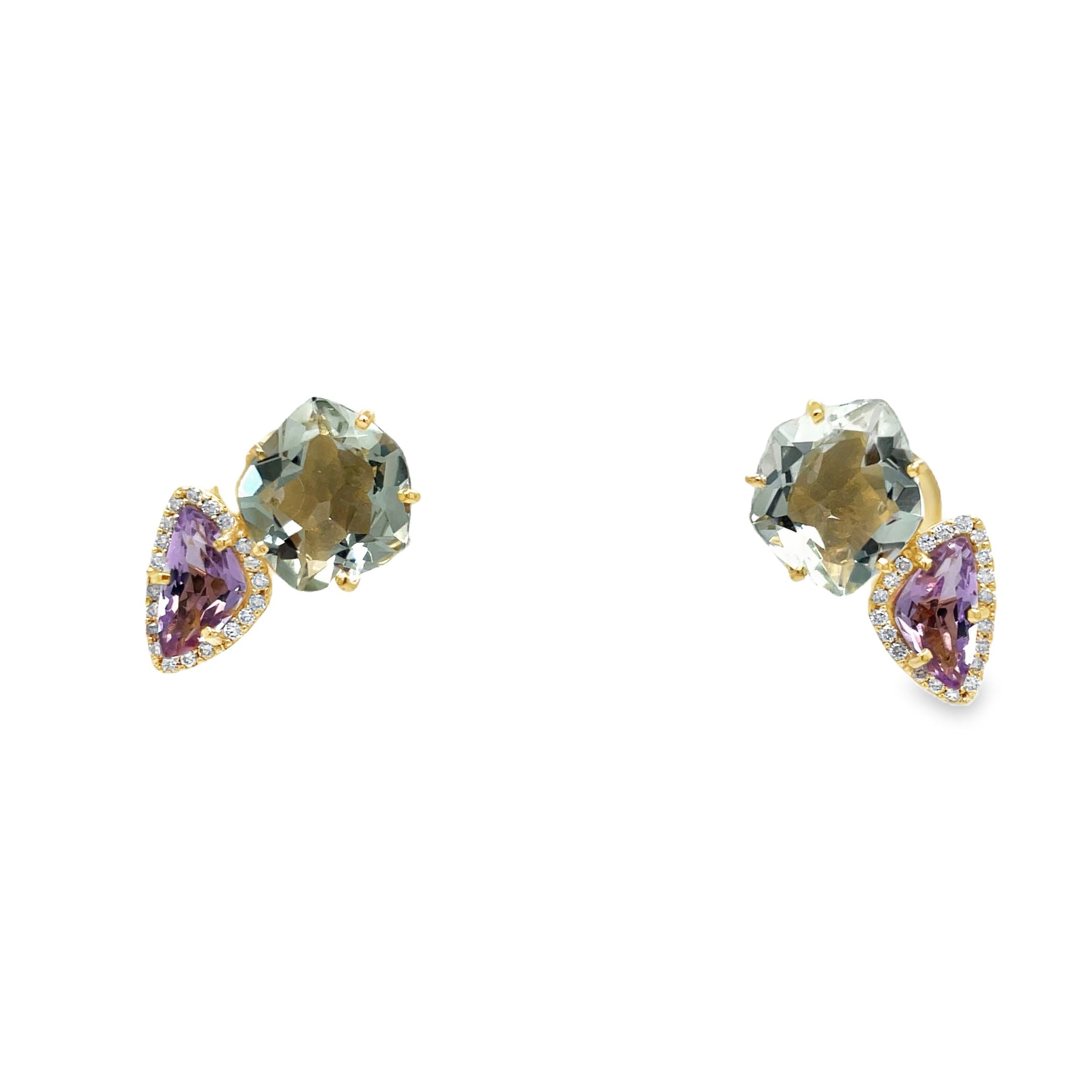 ndulge in luxe elegance with these 18k Yellow Gold Amethyst, Praziolite &amp; Diamond Stud Earrings. Handcrafted in Brazil, the stunning trillian amethyst and praziolite gems are perfectly complemented by sparkling round diamonds. With secure backs, these earrings are both exquisite and practical. Elevate any look with these premium studs.