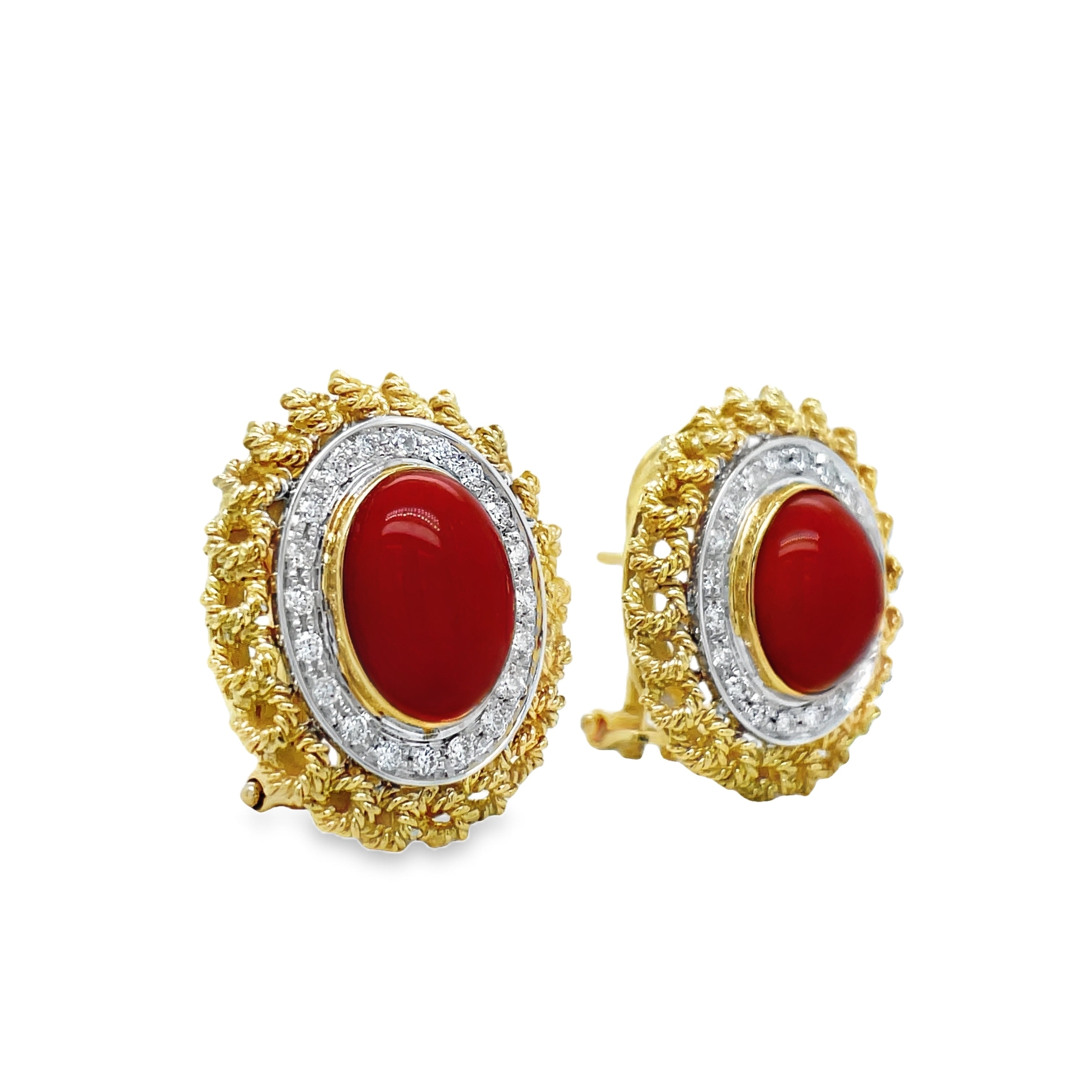 Indulge in luxury with our 18K Italian Made Coral and Diamond Rope Earrings. The secure omega clips provide a comfortable and worry-free fit. The vibrant red coral and matte finish make a bold statement. Elevate any outfit with these 21 x 19.00 mm earrings. Effortlessly chic.