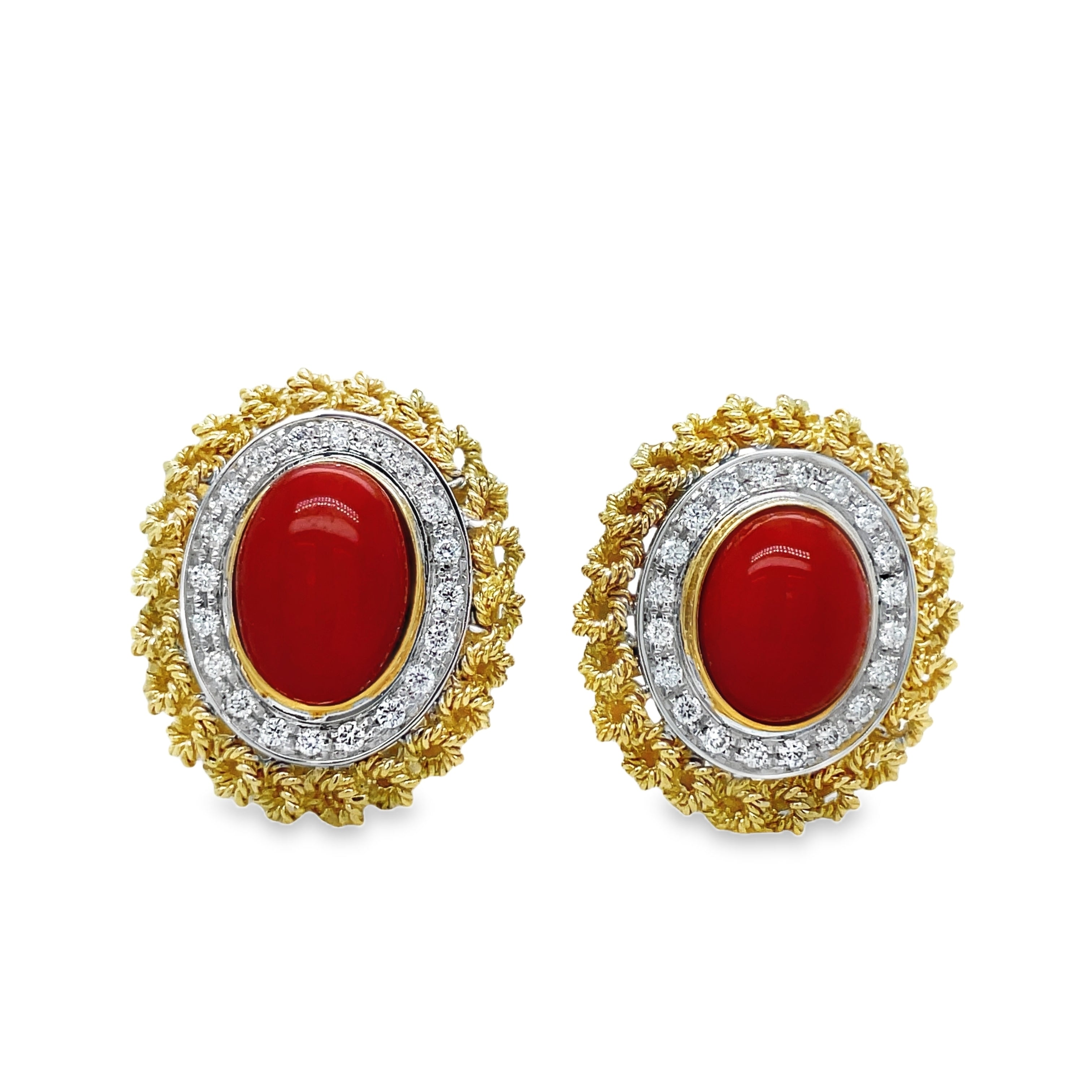 Indulge in luxury with our 18K Italian Made Coral and Diamond Rope Earrings. The secure omega clips provide a comfortable and worry-free fit. The vibrant red coral and matte finish make a bold statement. Elevate any outfit with these 21 x 19.00 mm earrings. Effortlessly chic.