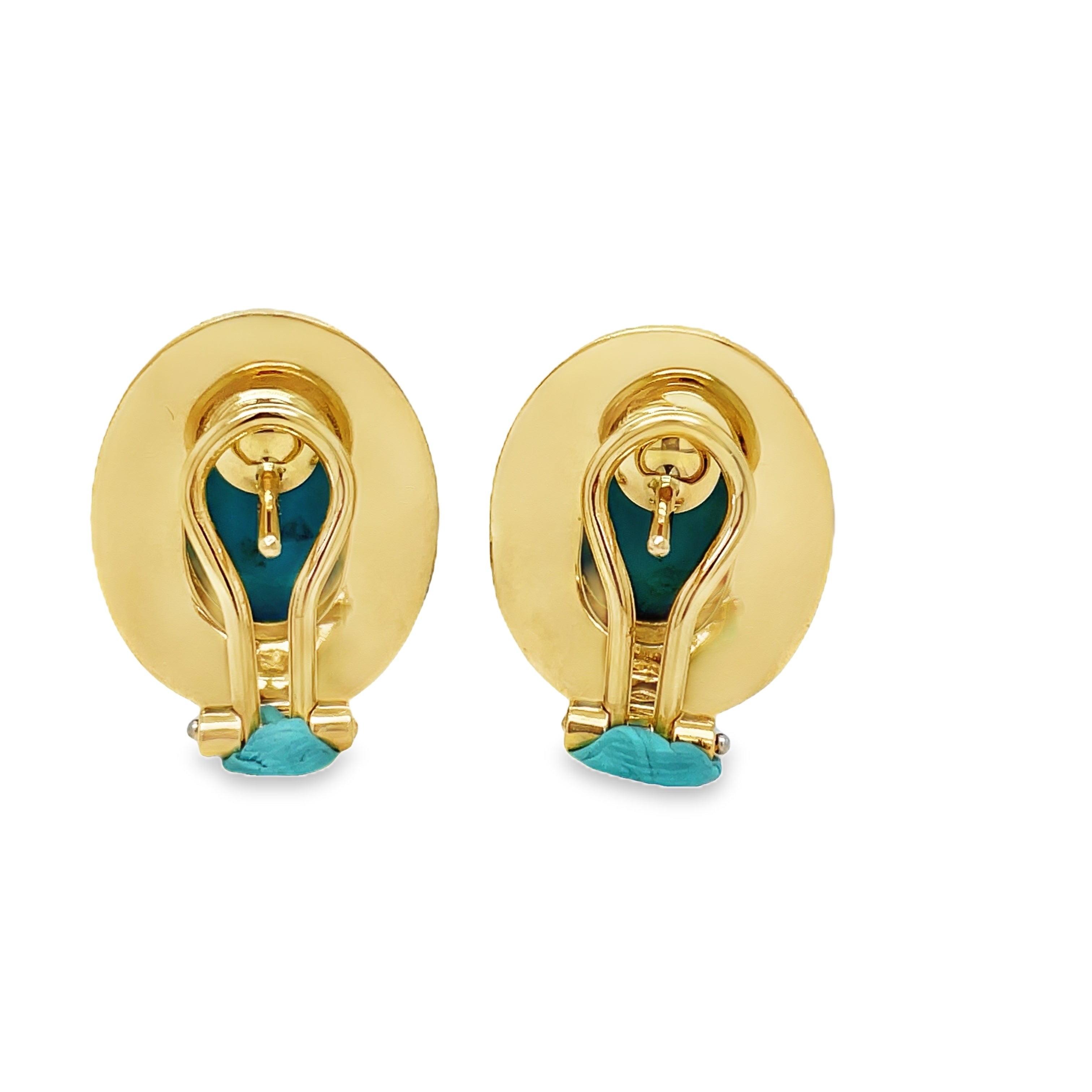 ndulge in luxury with our 18k Italian Made Turquoise Cabochon Earrings. Adorned with stunning 20 x 16.00 mm cabochon turquoise, these earrings are securely fastened with omega clips and flaunt a striking matte finish. Elevate your style with these sophisticated and exclusive earrings.