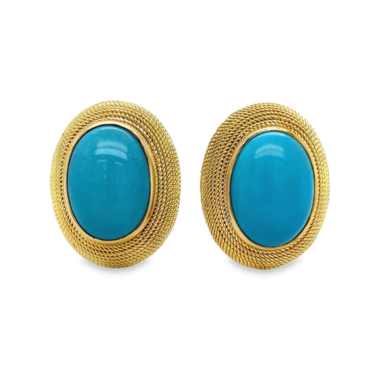18k Italian Made Turquoise Cabochon Earrings Front view