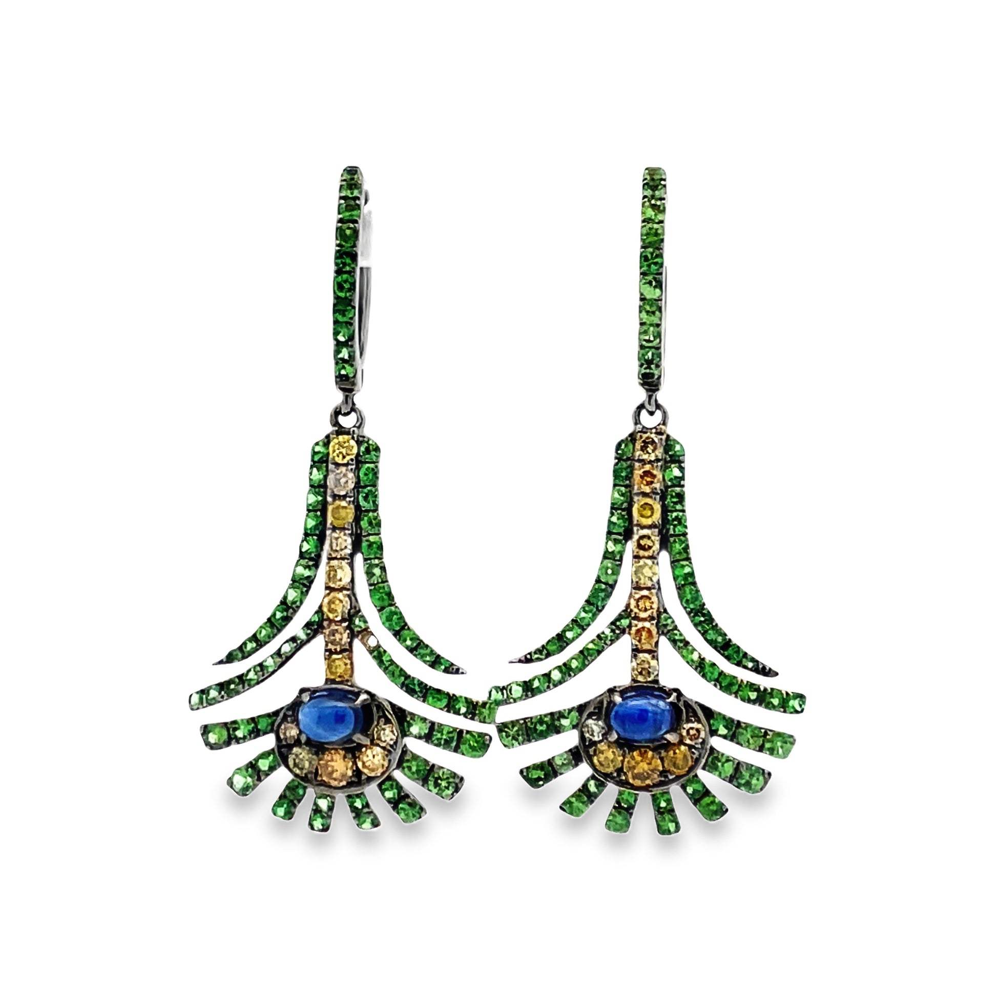 Front view of Peacock Color Emerald, Sapphire and Yellow Diamond Drop Earrings