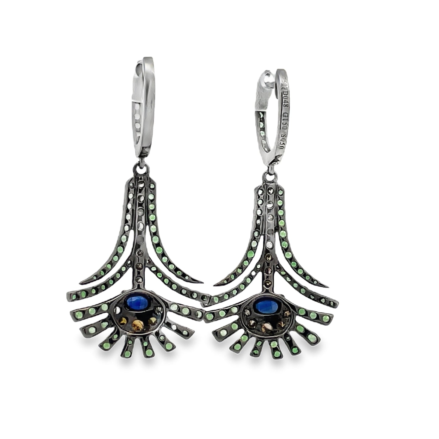 Back view of Peacock Color Emerald, Sapphire and Yellow Diamond Drop Earrings