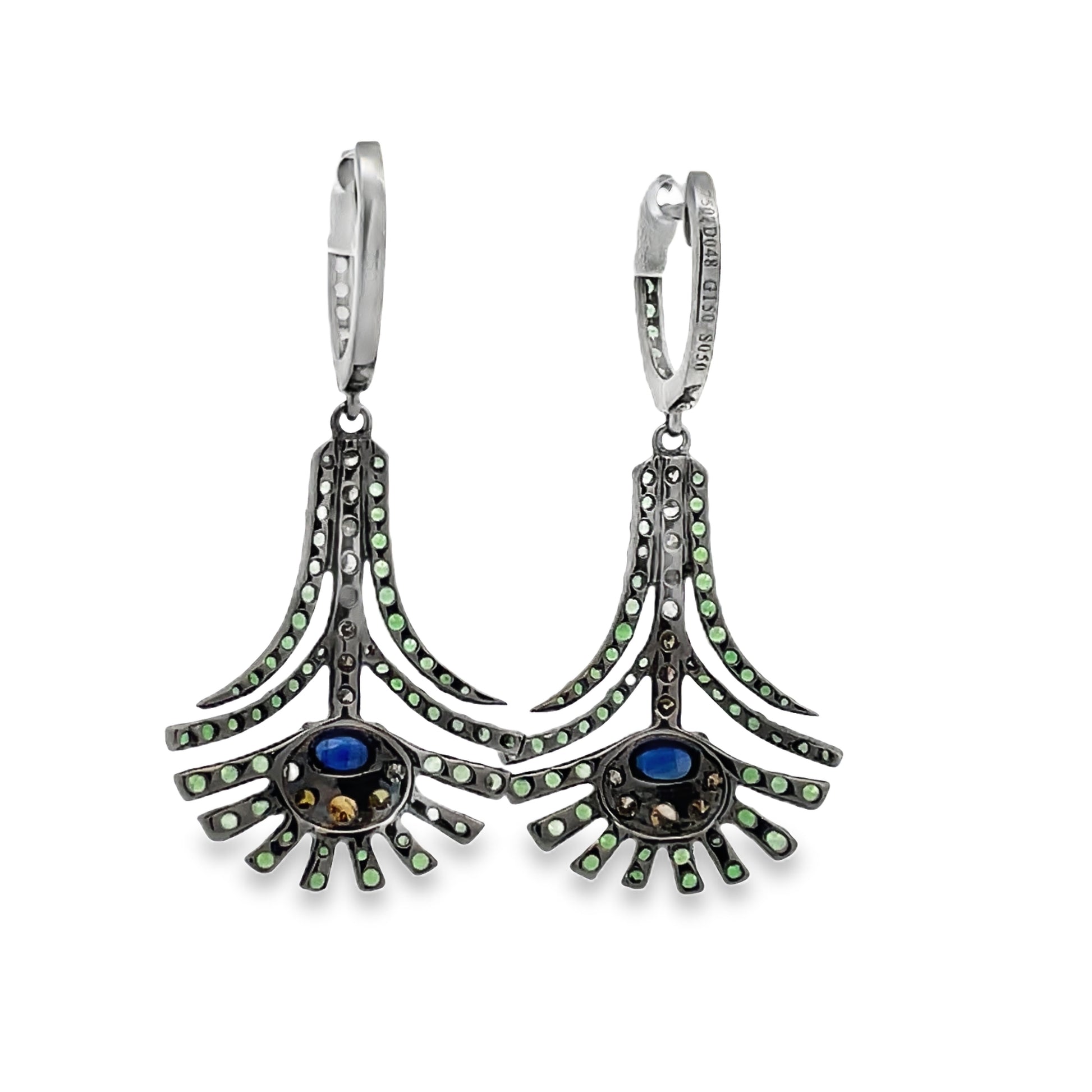 Back view of Peacock Color Emerald, Sapphire and Yellow Diamond Drop Earrings