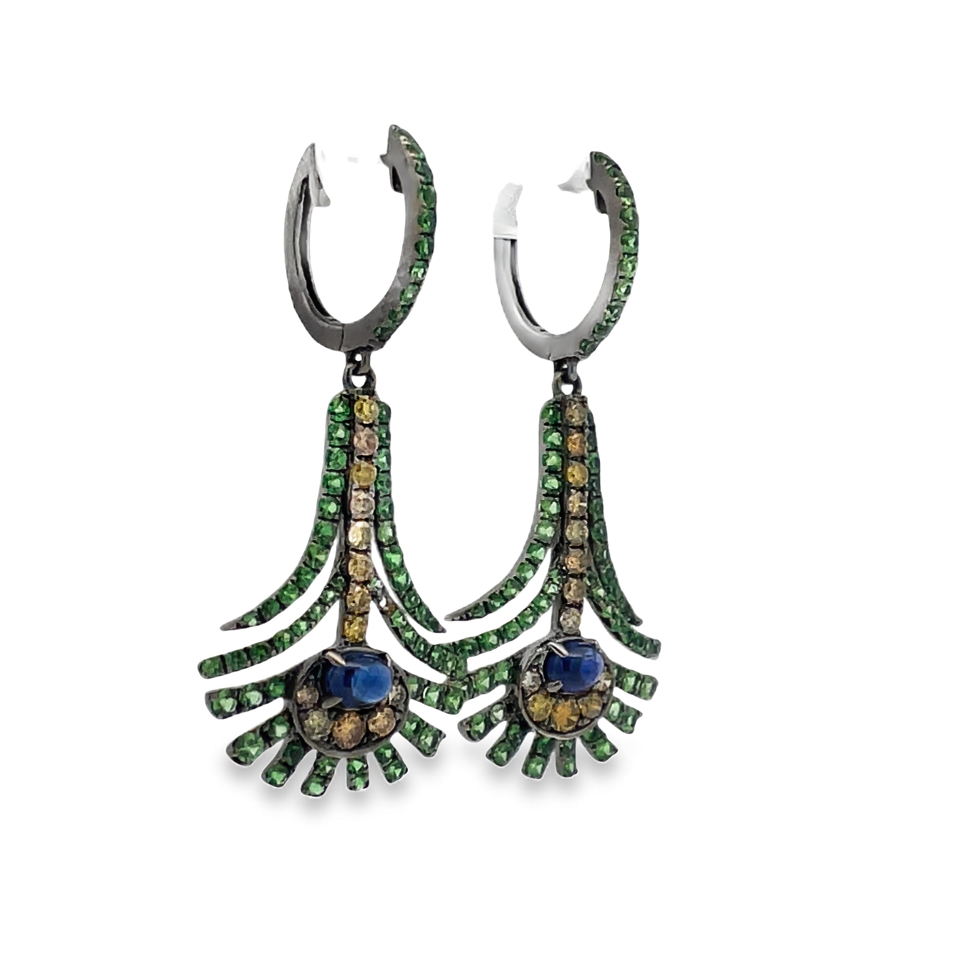 Side view of Peacock Color Emerald, Sapphire and Yellow Diamond Drop Earrings