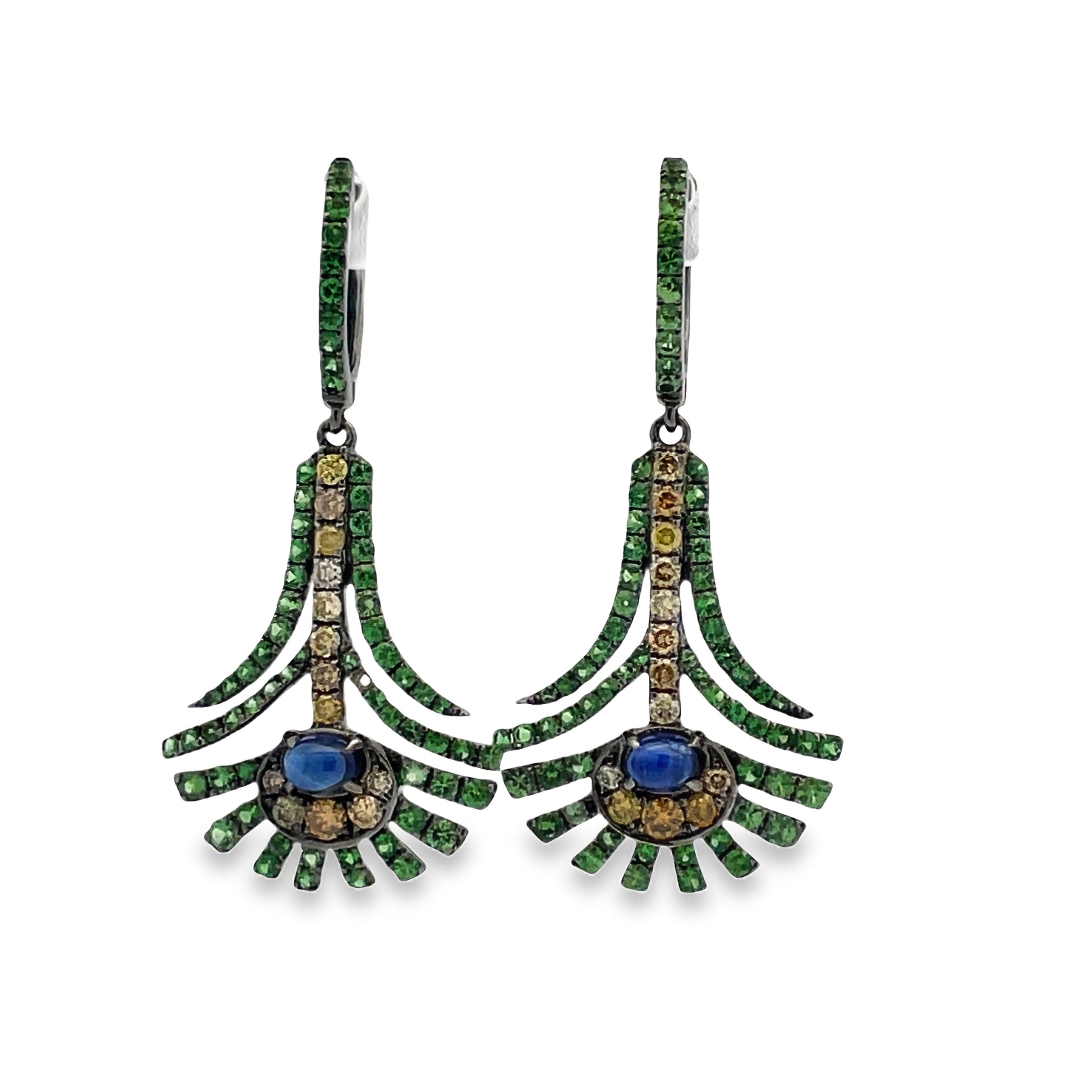 Front view of Peacock Color Emerald, Sapphire and Yellow Diamond Drop Earrings