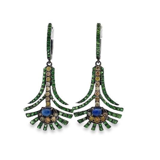 Front view of Peacock Color Emerald, Sapphire and Yellow Diamond Drop Earrings