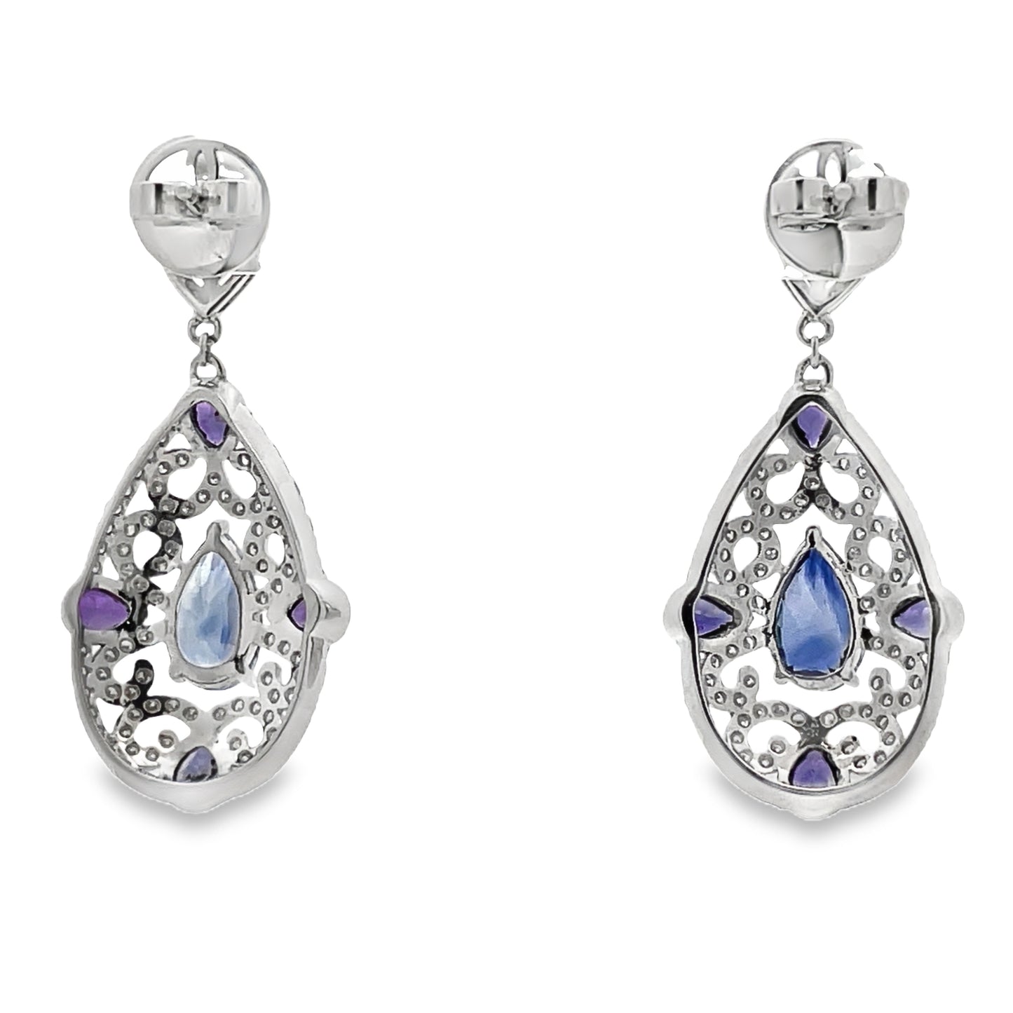 Back view of Multi Color Sapphire Teardrop Earrings Filigree Design