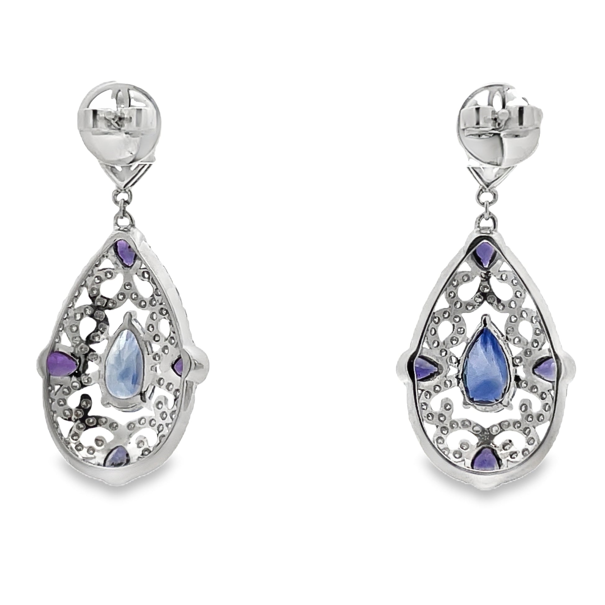 Back view of Multi Color Sapphire Teardrop Earrings Filigree Design