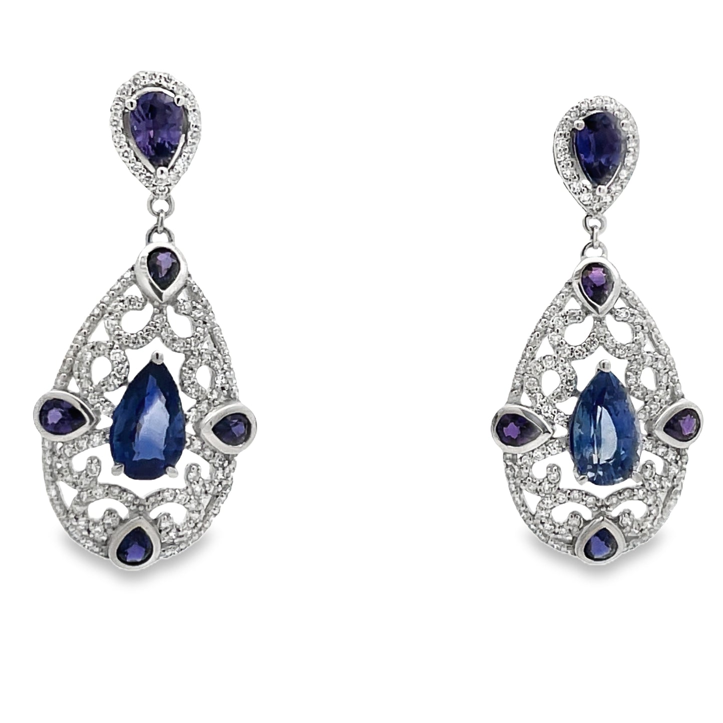 Front view of Multi Color Sapphire Teardrop Earrings Filigree Design