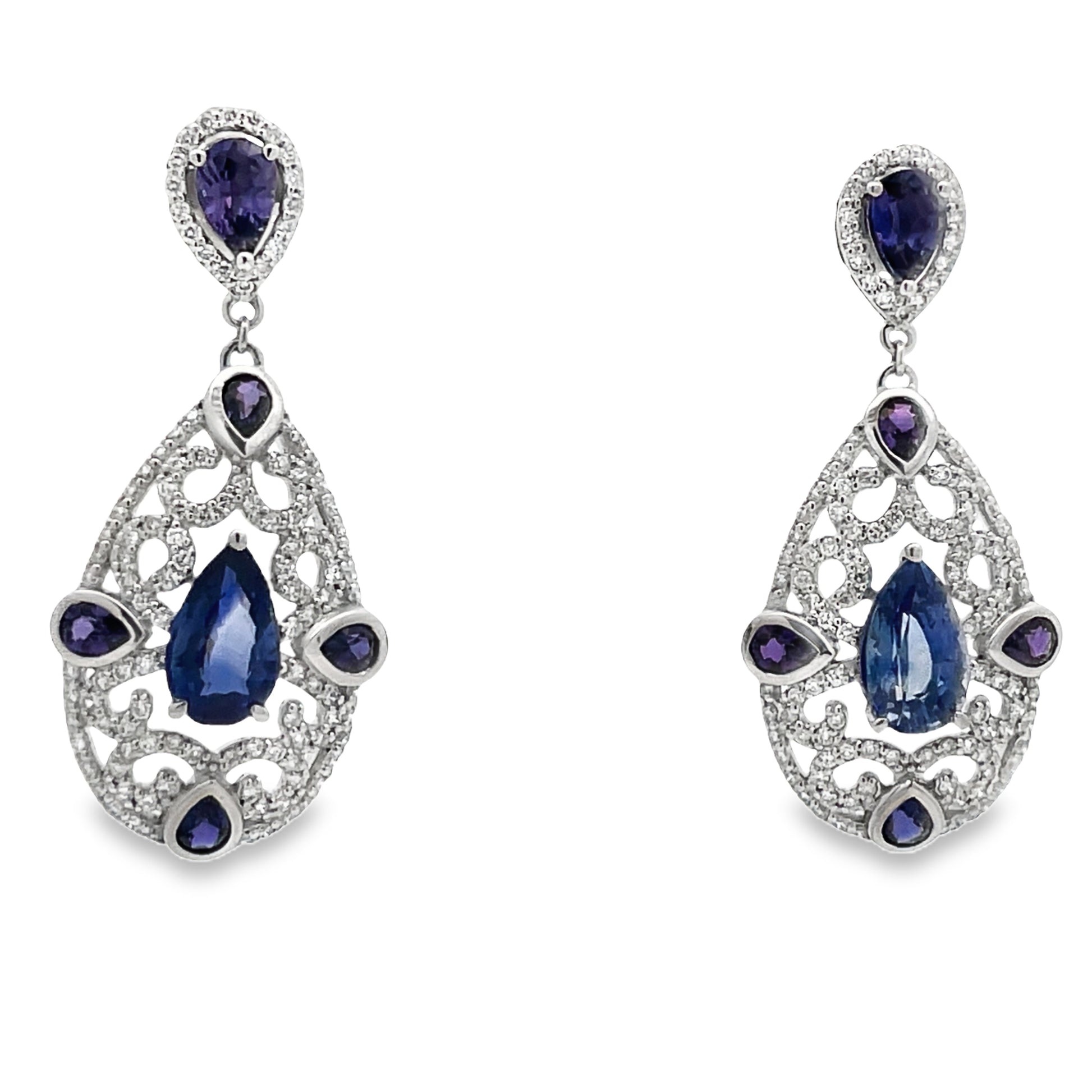 Front view of Multi Color Sapphire Teardrop Earrings Filigree Design