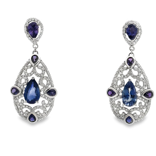 Front view of Multi Color Sapphire Teardrop Earrings Filigree Design