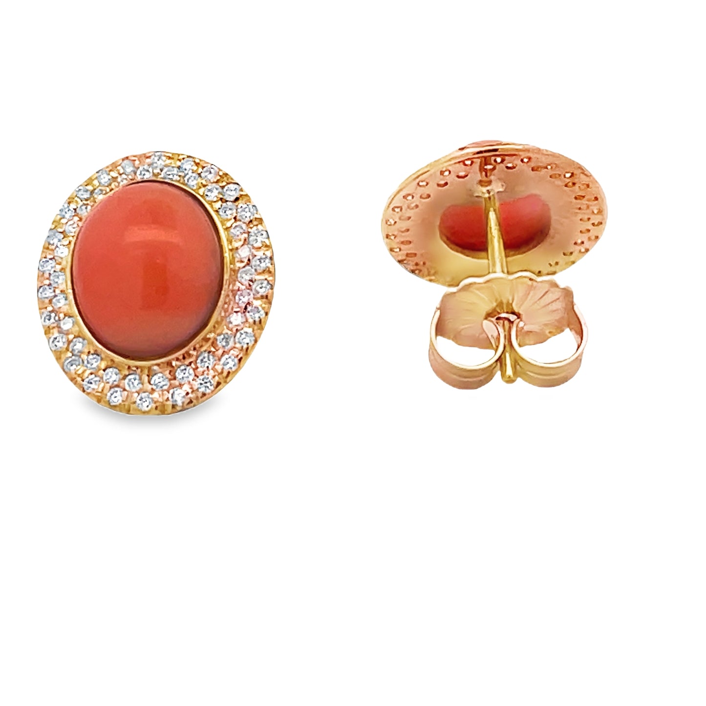 18k Coral & Diamond Cabochon Earrings Front and back view 