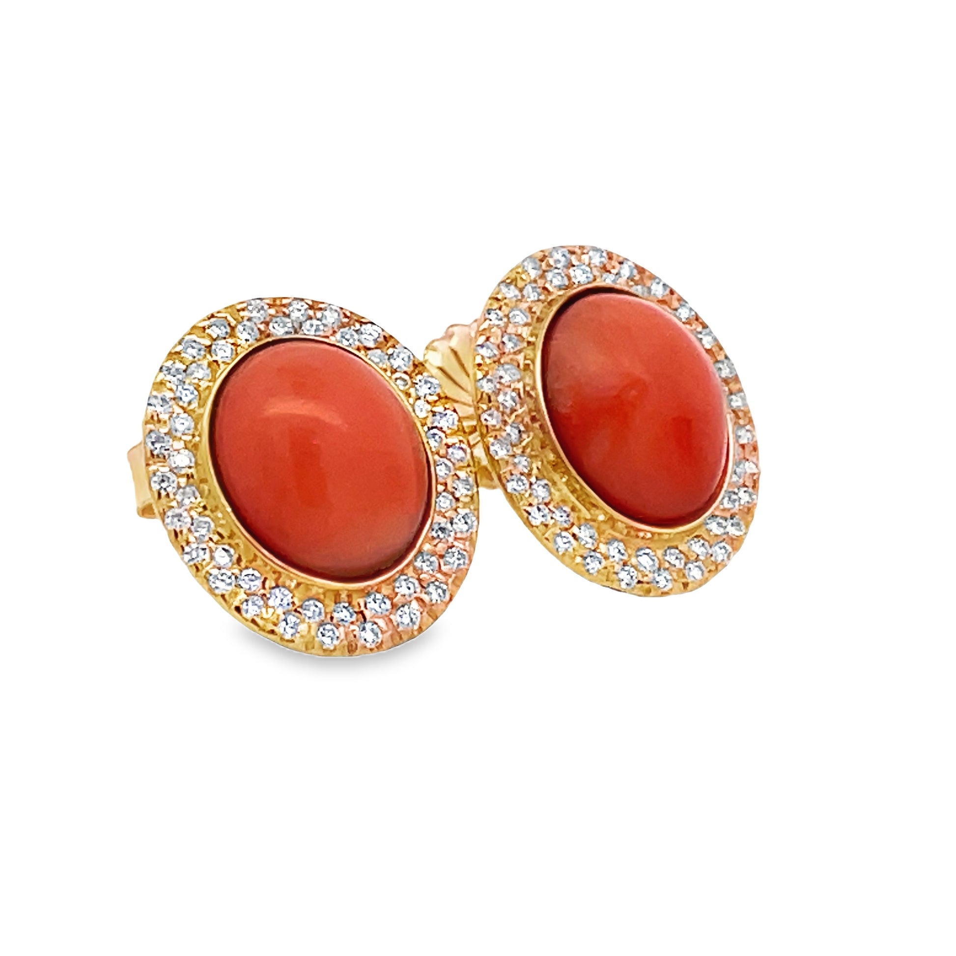 18k Coral & Diamond Cabochon Earrings Side view 