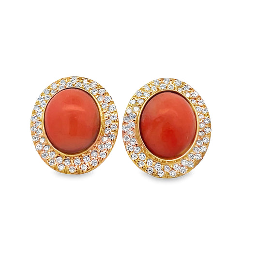 18k Coral & Diamond Cabochon Earrings Front view 