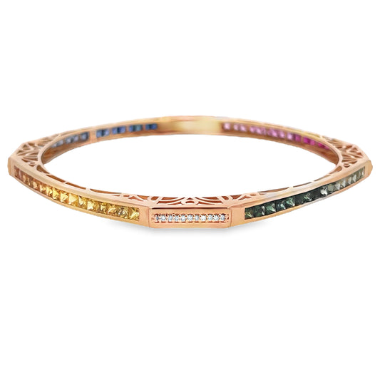 Front view of Estate Multicolor Sapphire Yellow Gold Bangle