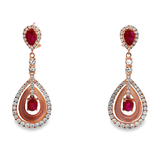 Front view of 18k Rose Gold MOP Ruby and Diamond Drop Earrings