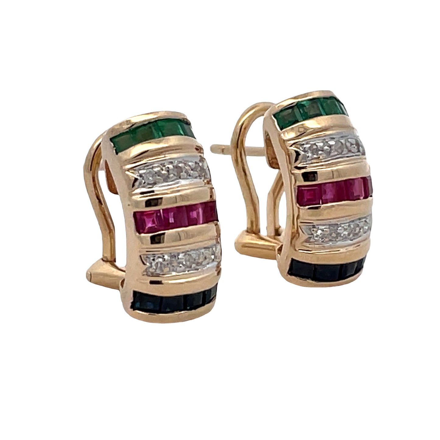 Side view of Estate 14k Yellow Gold Earrings with Sapphire, Rubys, Emeralds and Diamonds 