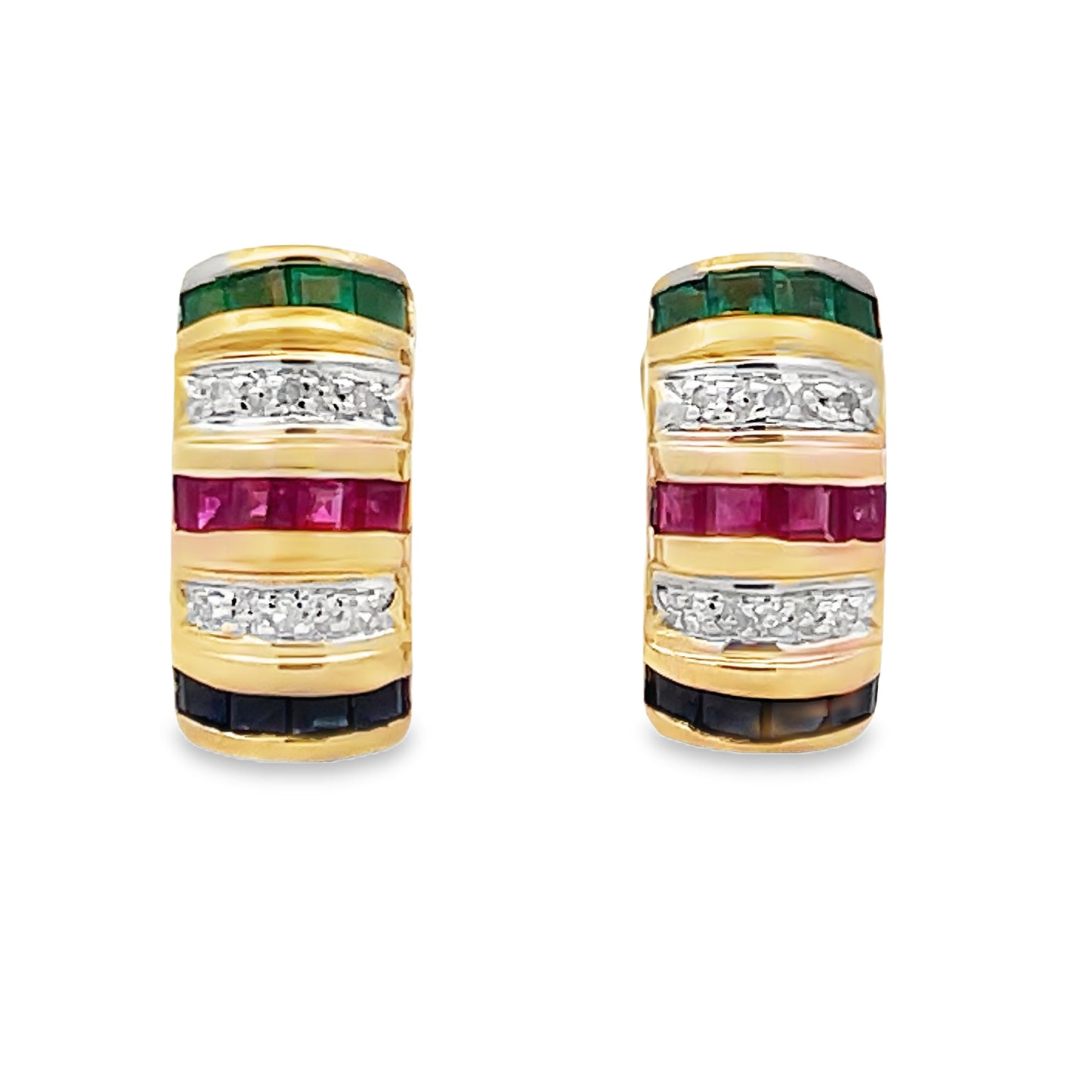 Front view of Estate 14k Yellow Gold Earrings with Sapphire, Rubys, Emeralds and Diamonds 