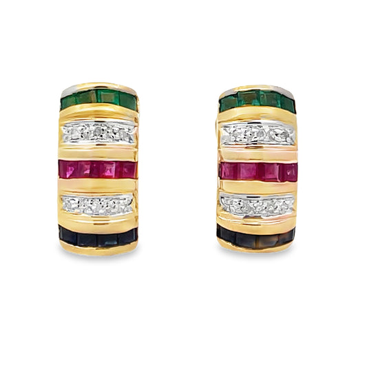 Front view of Estate 14k Yellow Gold Earrings with Sapphire, Rubys, Emeralds and Diamonds 