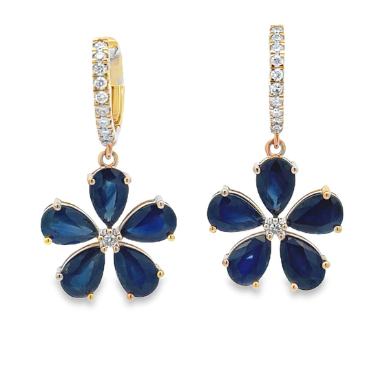 Front view of 14k Yellow Gold Sapphire and Diamond Flower Drop Earrings 