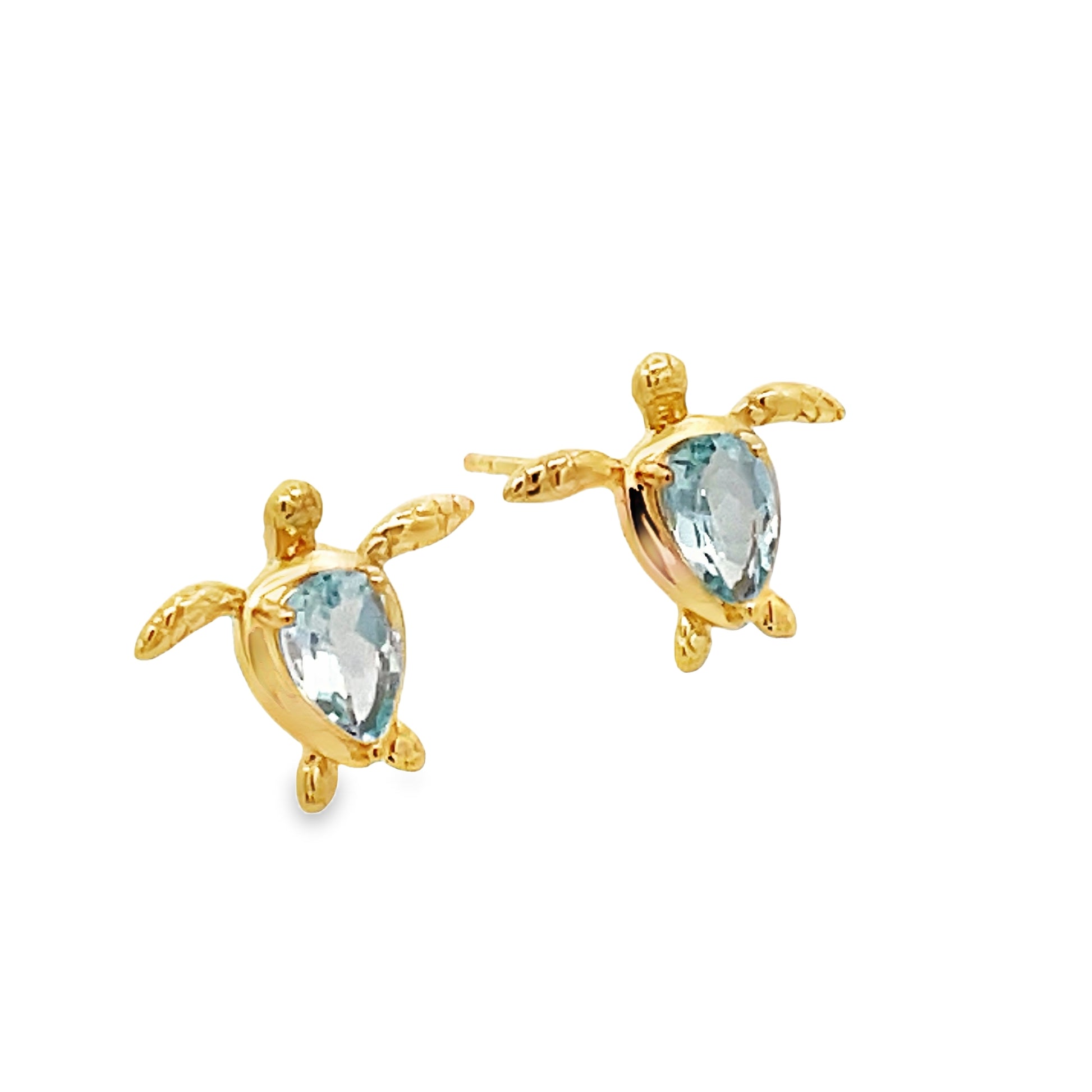 Side view of 14k Yellow Gold Blue Topaz Turtle Earrings 