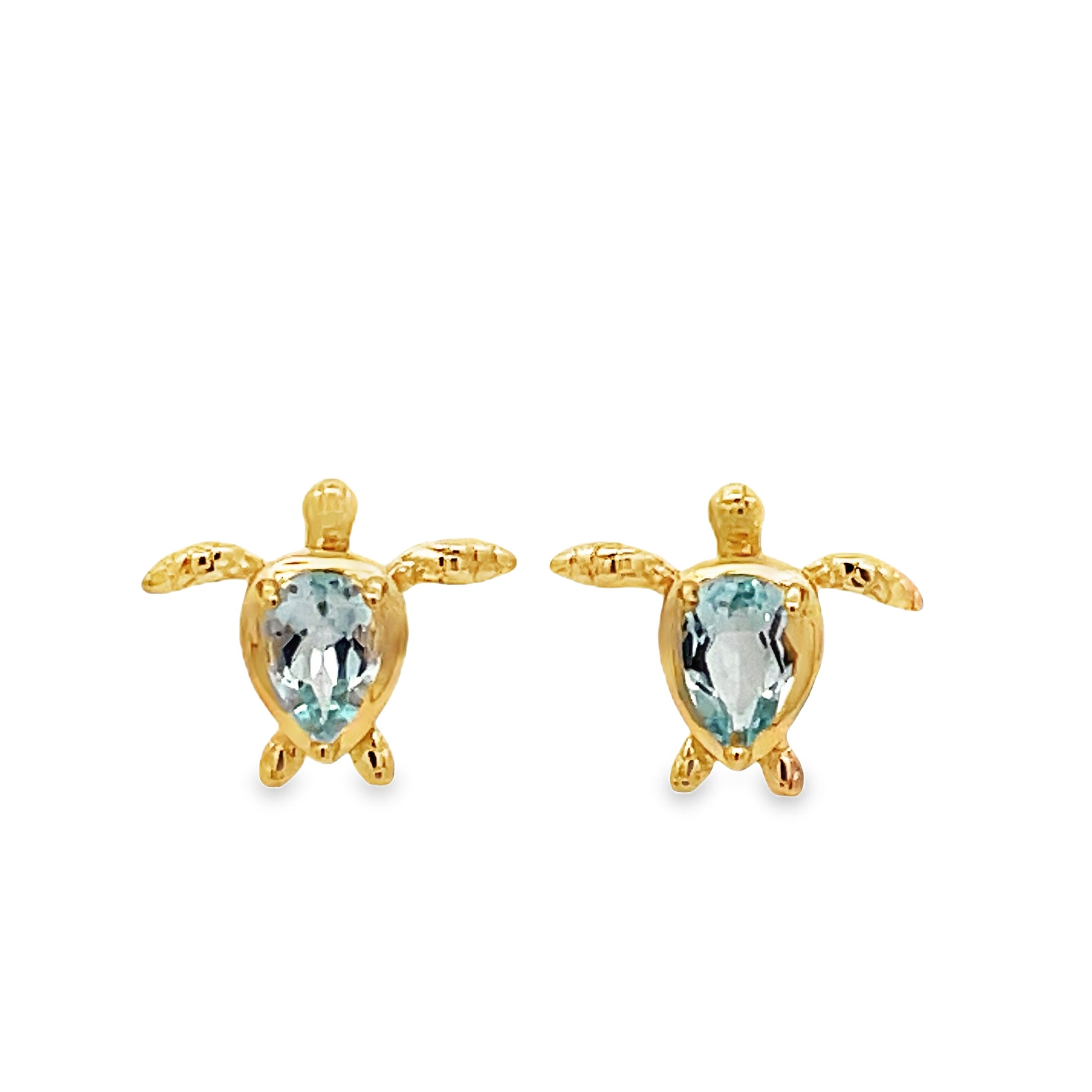 Front view of 14k Yellow Gold Blue Topaz Turtle Earrings 