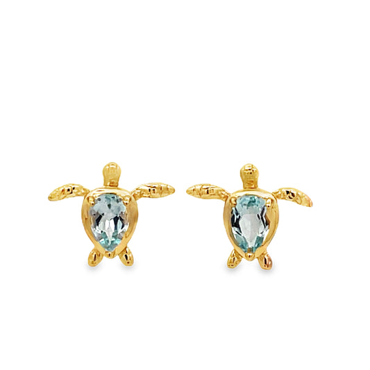 Front view of 14k Yellow Gold Blue Topaz Turtle Earrings 