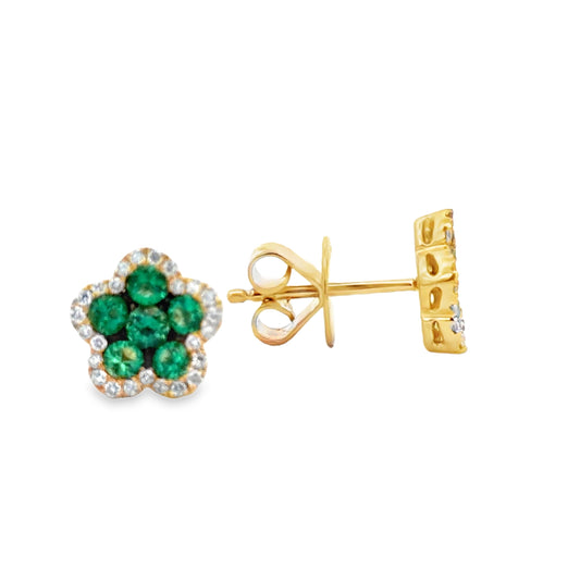 Front and side view of 18k Yellow Gold Flower Shape Emerald & Diamond Stud Earrings 
