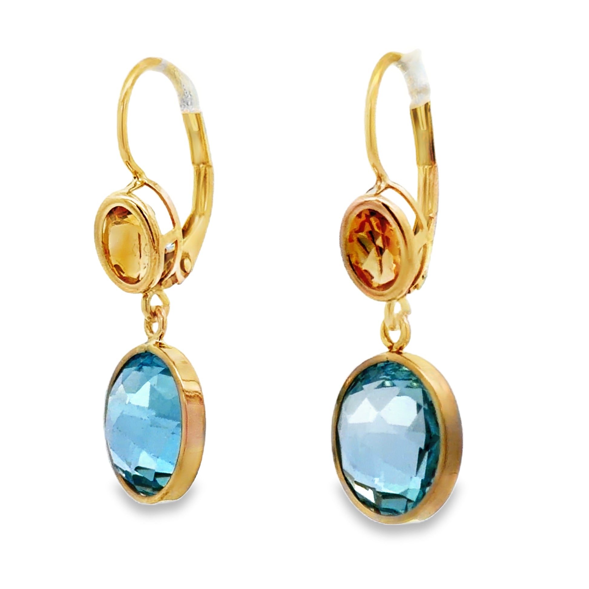 Side view of 14k Yellow Gold Blue Topaz & Citrine Drop Earrings