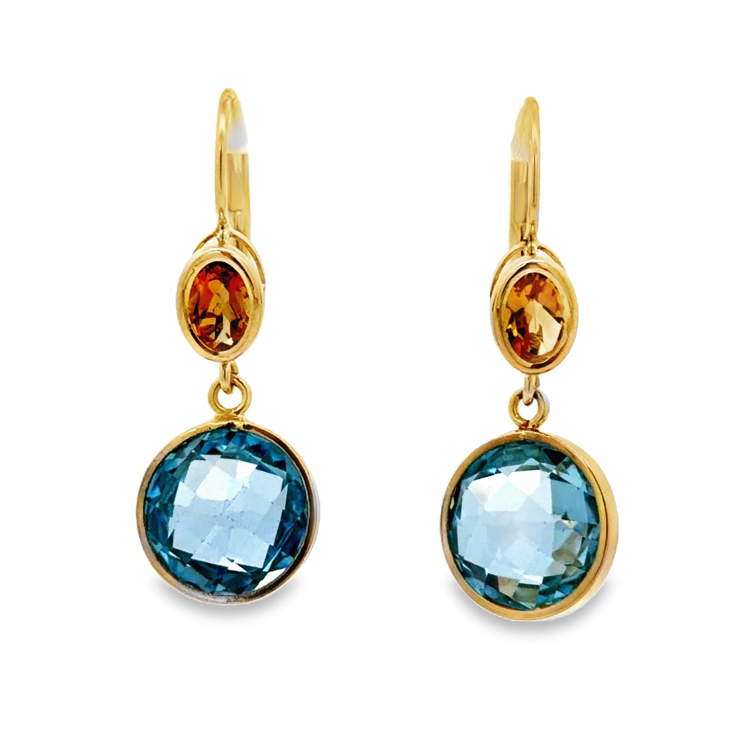 Front view of 14k Yellow Gold Blue Topaz & Citrine Drop Earrings
